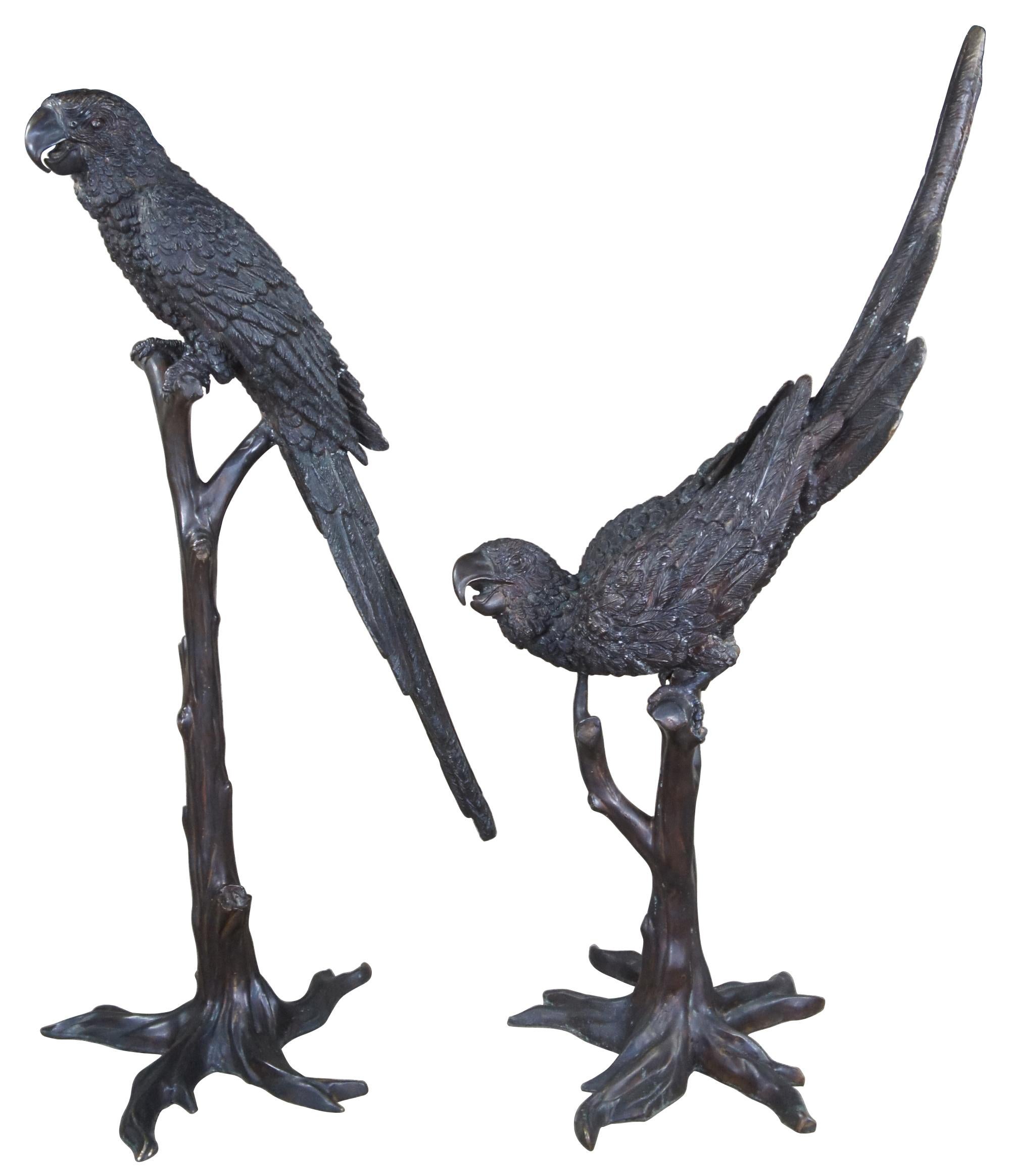 Exquisite Antique Pair of French Art Deco bronze oversized Macaw Parrots or birds perched on stands with nice patina by Camille, circa 1920s. These monumental art sculptures feature a realistic tree trunk that supports each parrot, and rendered in