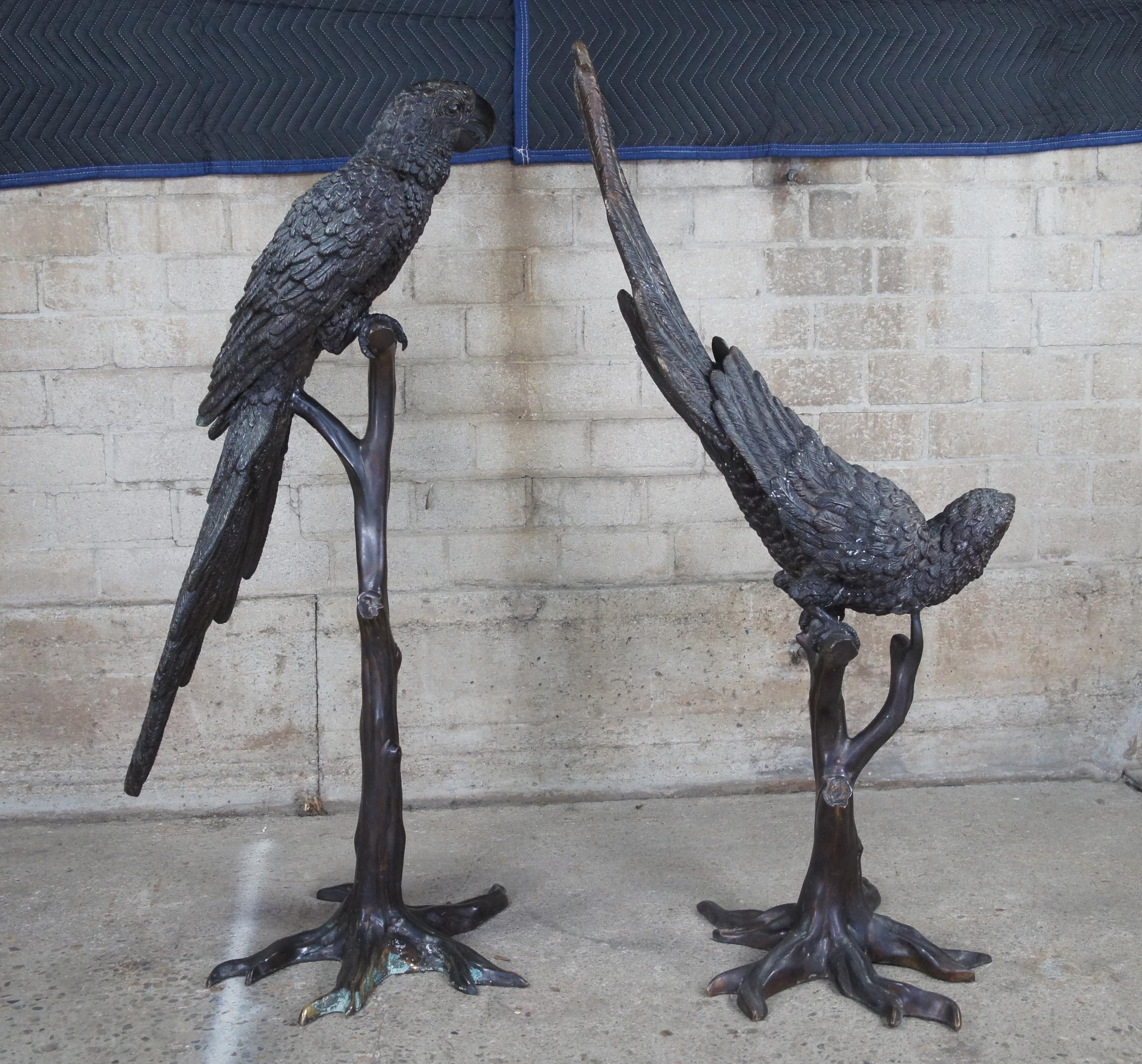 French Art Deco Pair Lifesize Bronze Parrot Bird Sculptures Statues Camille 55
