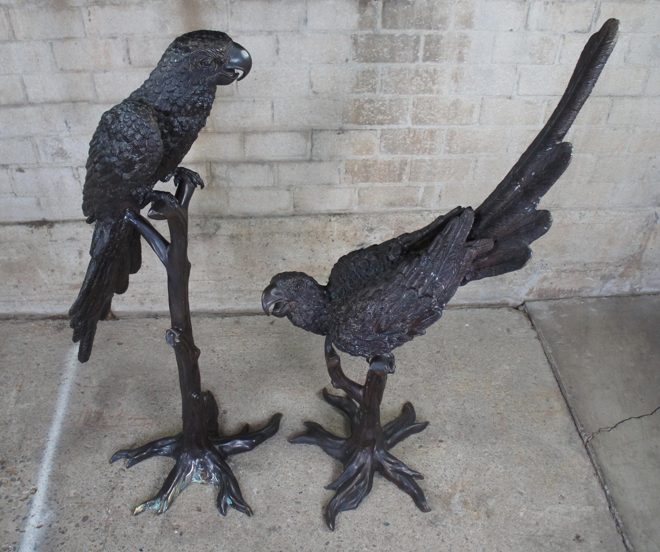 French Art Deco Pair Lifesize Bronze Parrot Bird Sculptures Statues Camille 55