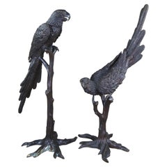 French Art Deco Pair Lifesize Bronze Parrot Bird Sculptures Statues Camille 55"