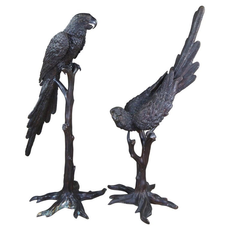 French Art Deco Pair Lifesize Bronze Parrot Bird Sculptures Statues