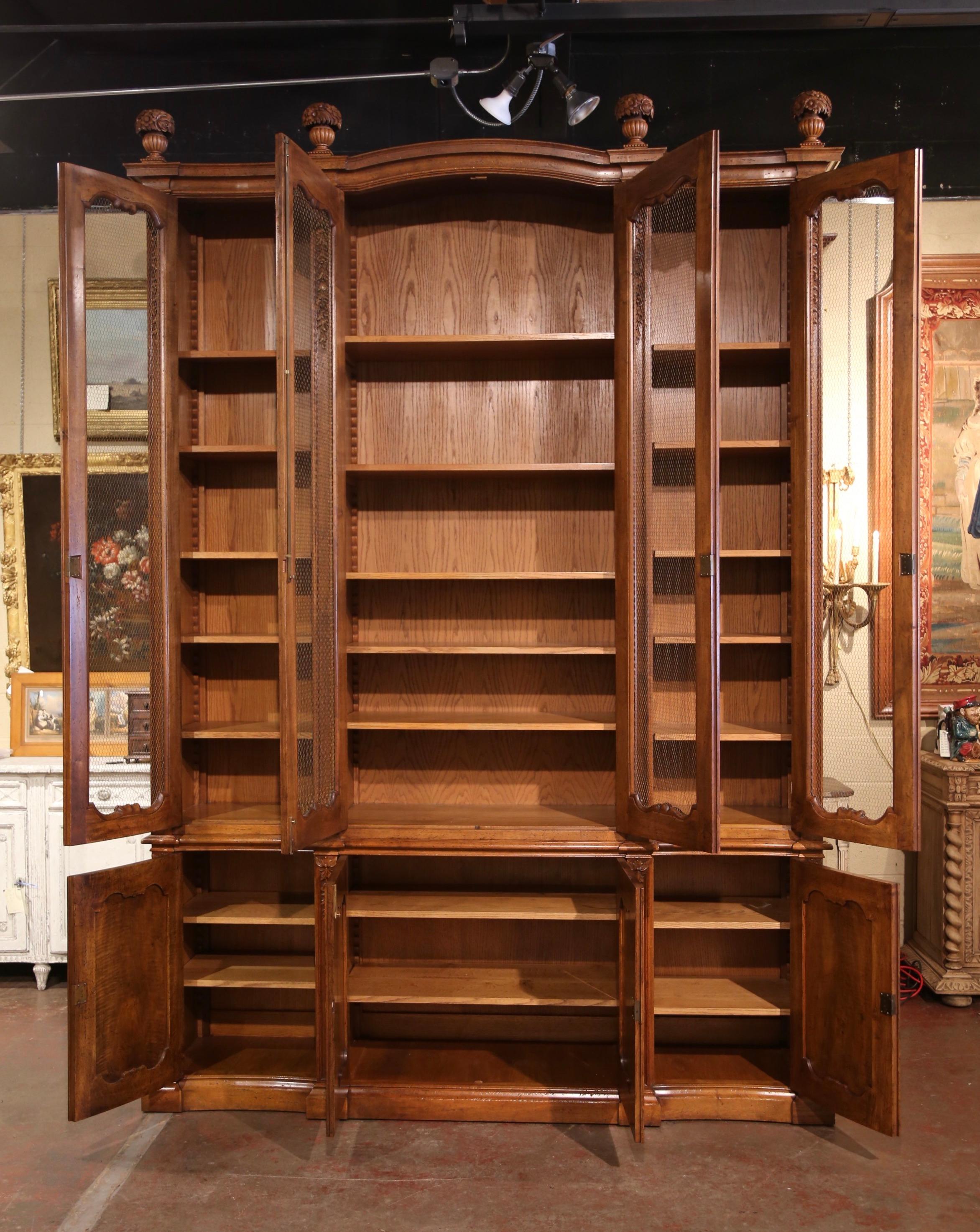 French Louis XIV Carved Walnut and Wire Four-Door Bookcase Cabinet In Excellent Condition For Sale In Dallas, TX