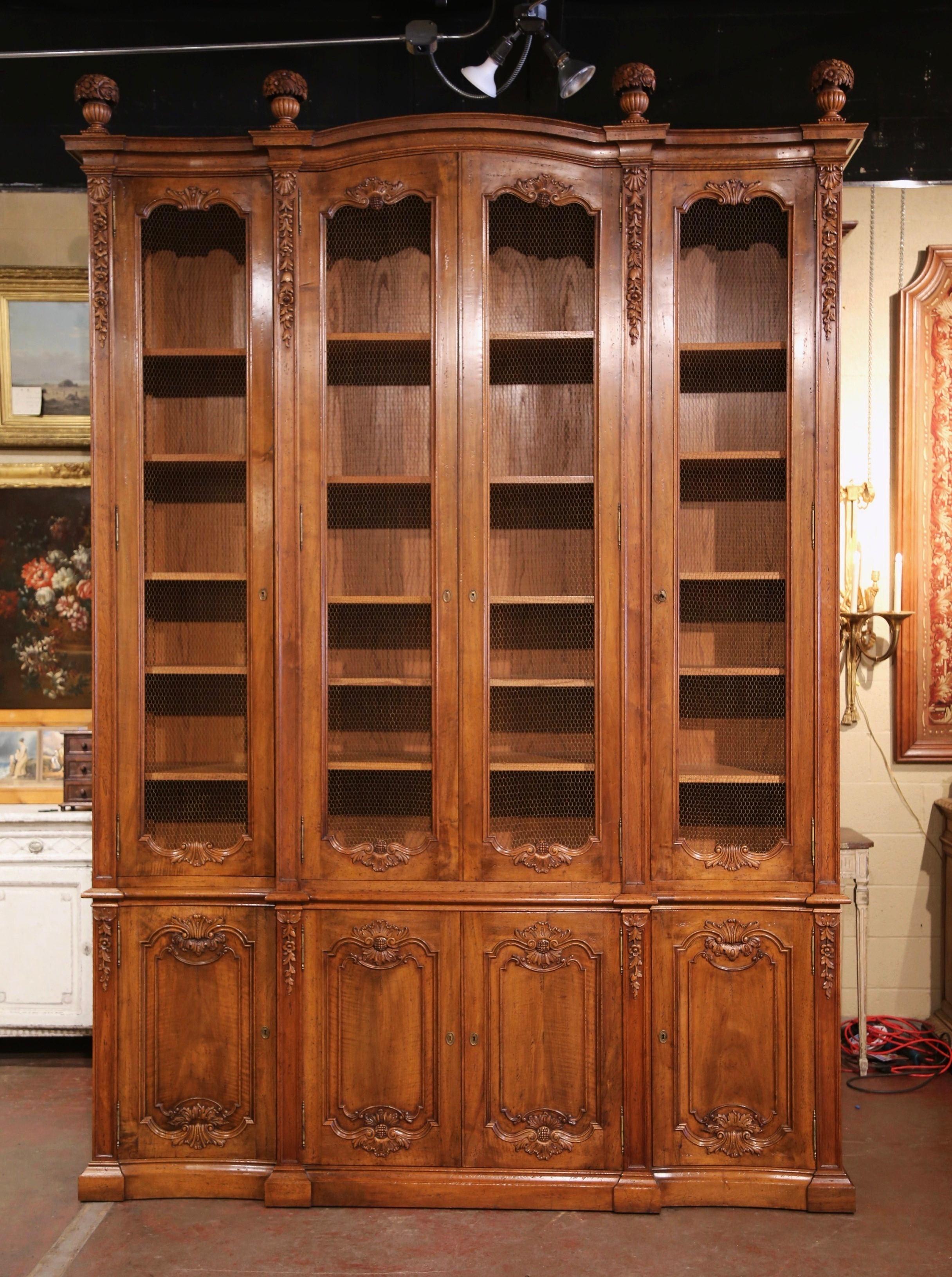 20th Century French Louis XIV Carved Walnut and Wire Four-Door Bookcase Cabinet For Sale