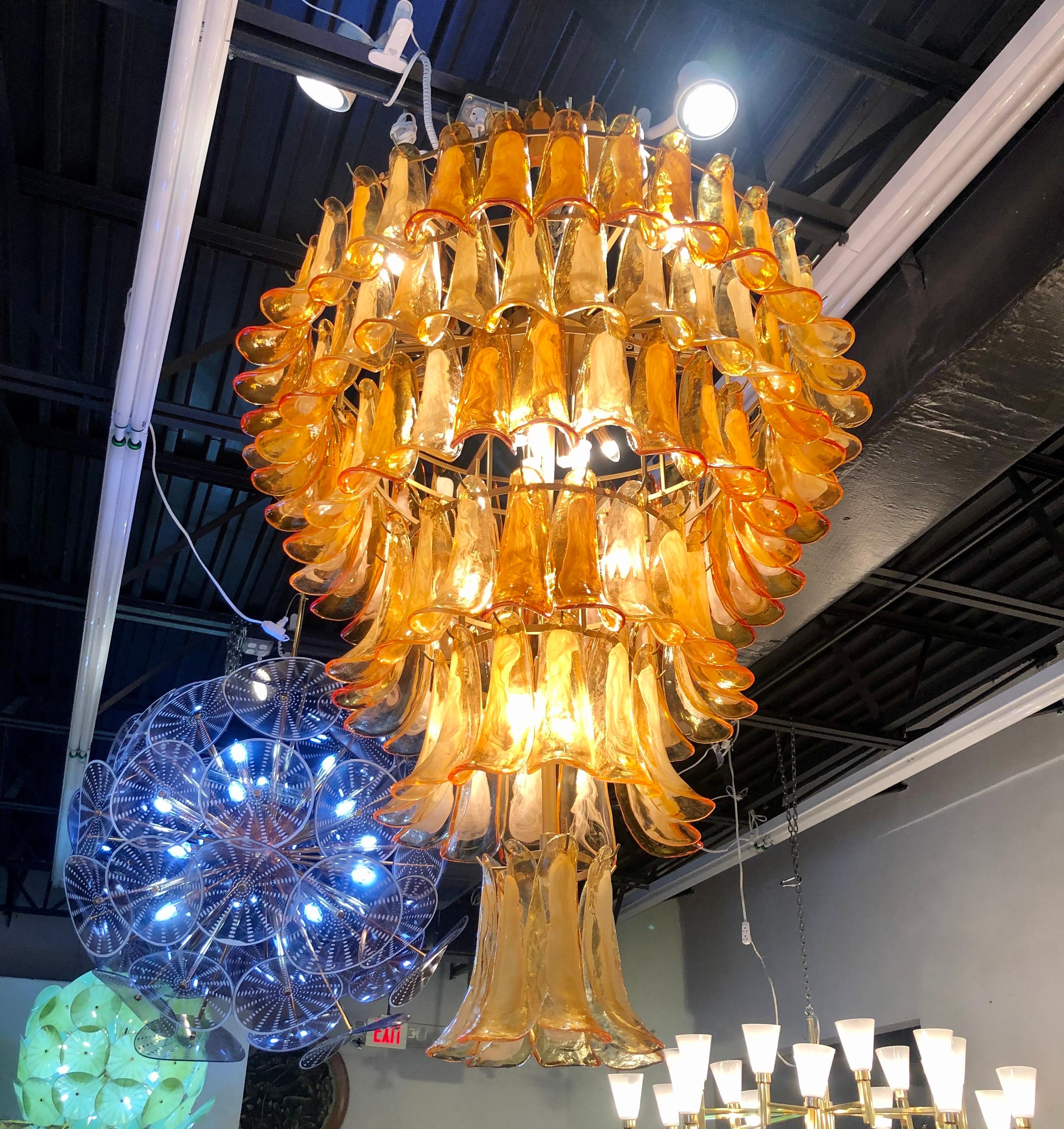 Very large and spectacular murano blown amber glass and brass chandelier. The quality of the blown glass is sublime. Rewired for the USA.