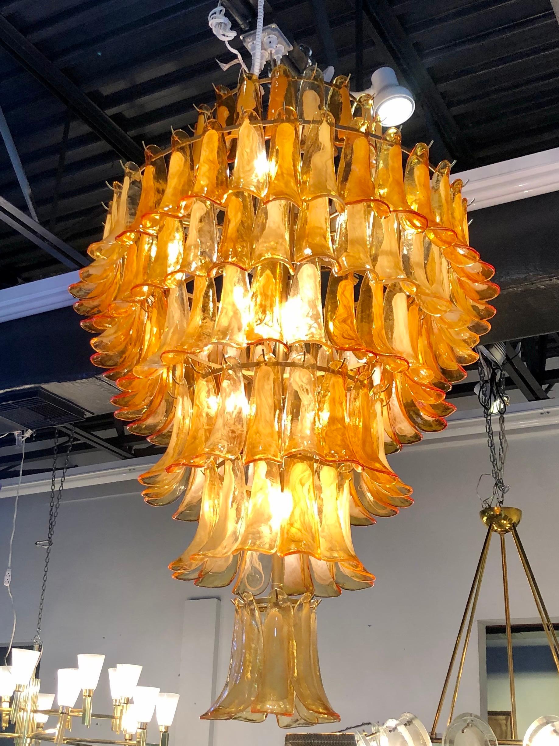 Mid-Century Modern Monumental Mid Century Italian Brass and Blown Glass Chandelier, Mazzega For Sale