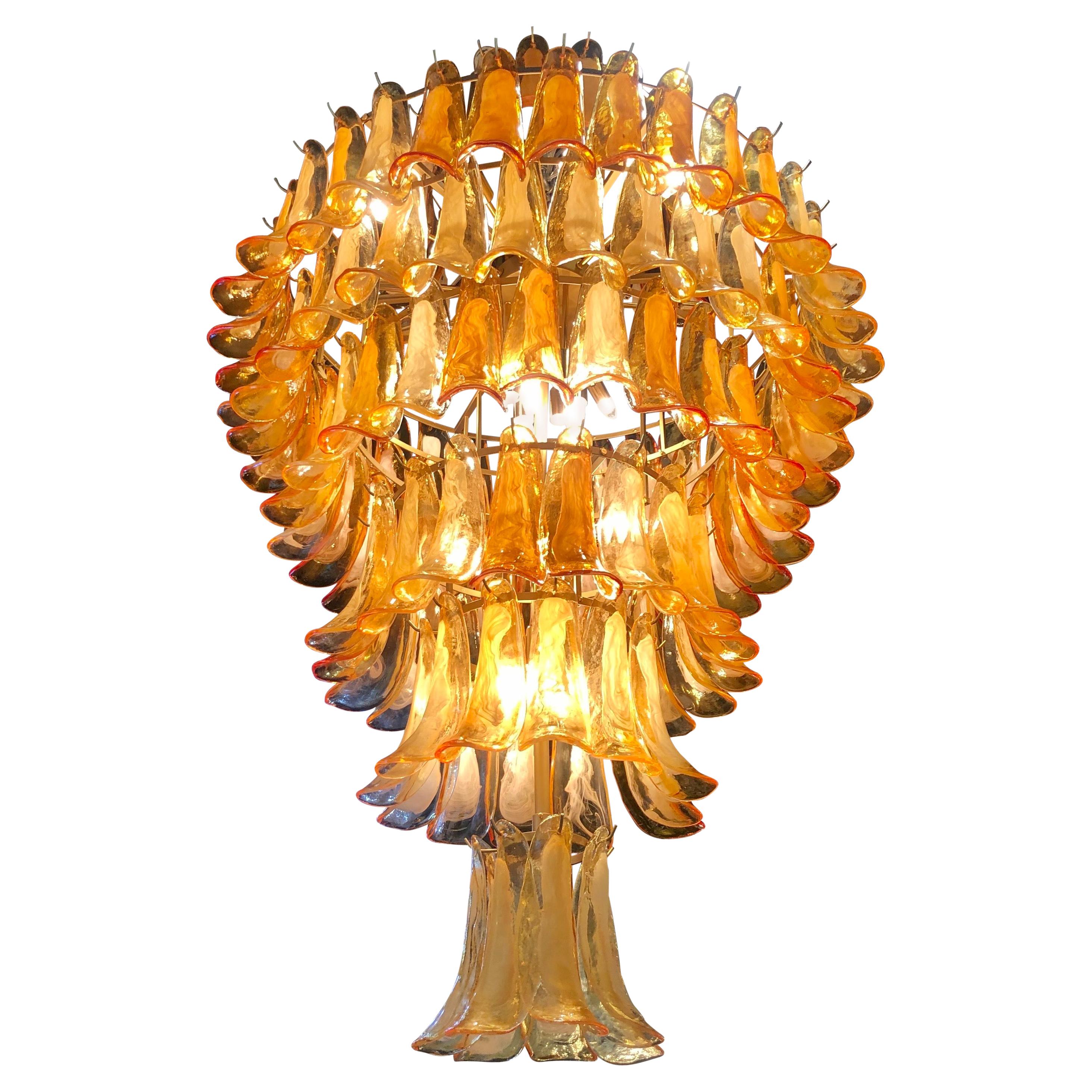 Monumental Mid Century Italian Brass and Blown Glass Chandelier, Mazzega