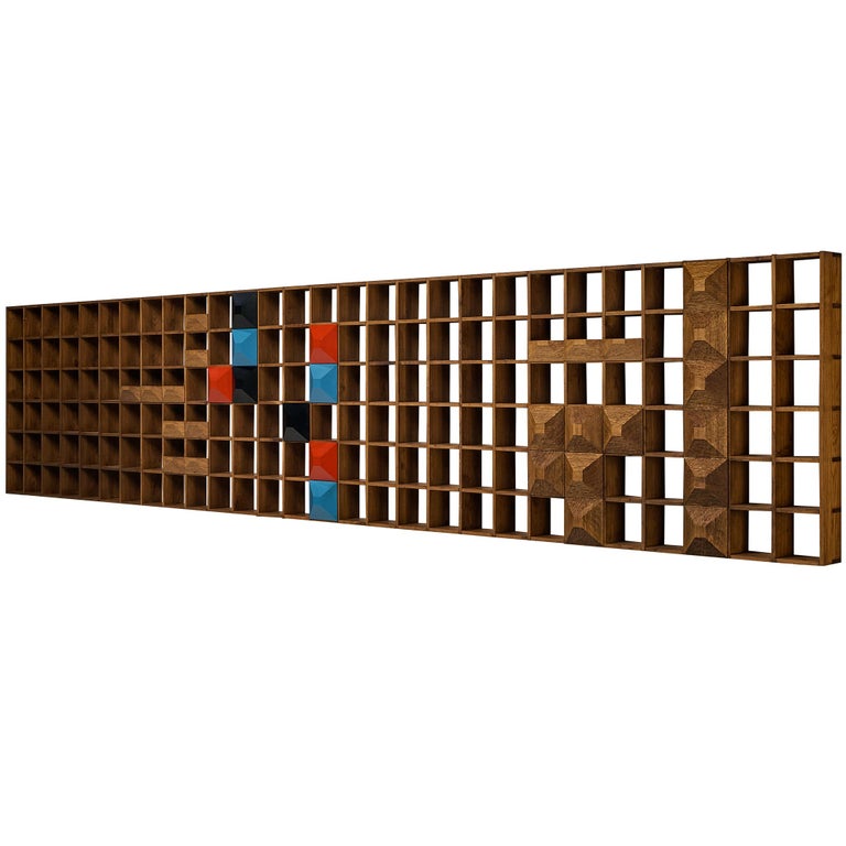 Monumental Mid-Century Italian Wall Unit in Oak with Diamond Shaped Colored Panels (560cm/220in)