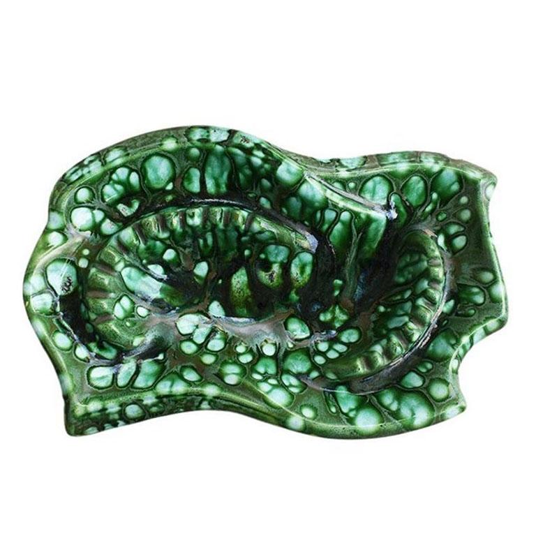 Monumental Mid-Century Modern Ceramic Malachite Look Green Ashtray or Catchall For Sale 1