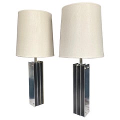 Monumental Mid-Century Modern Chrome and Ebonized Oak Table Lamps by Laurel