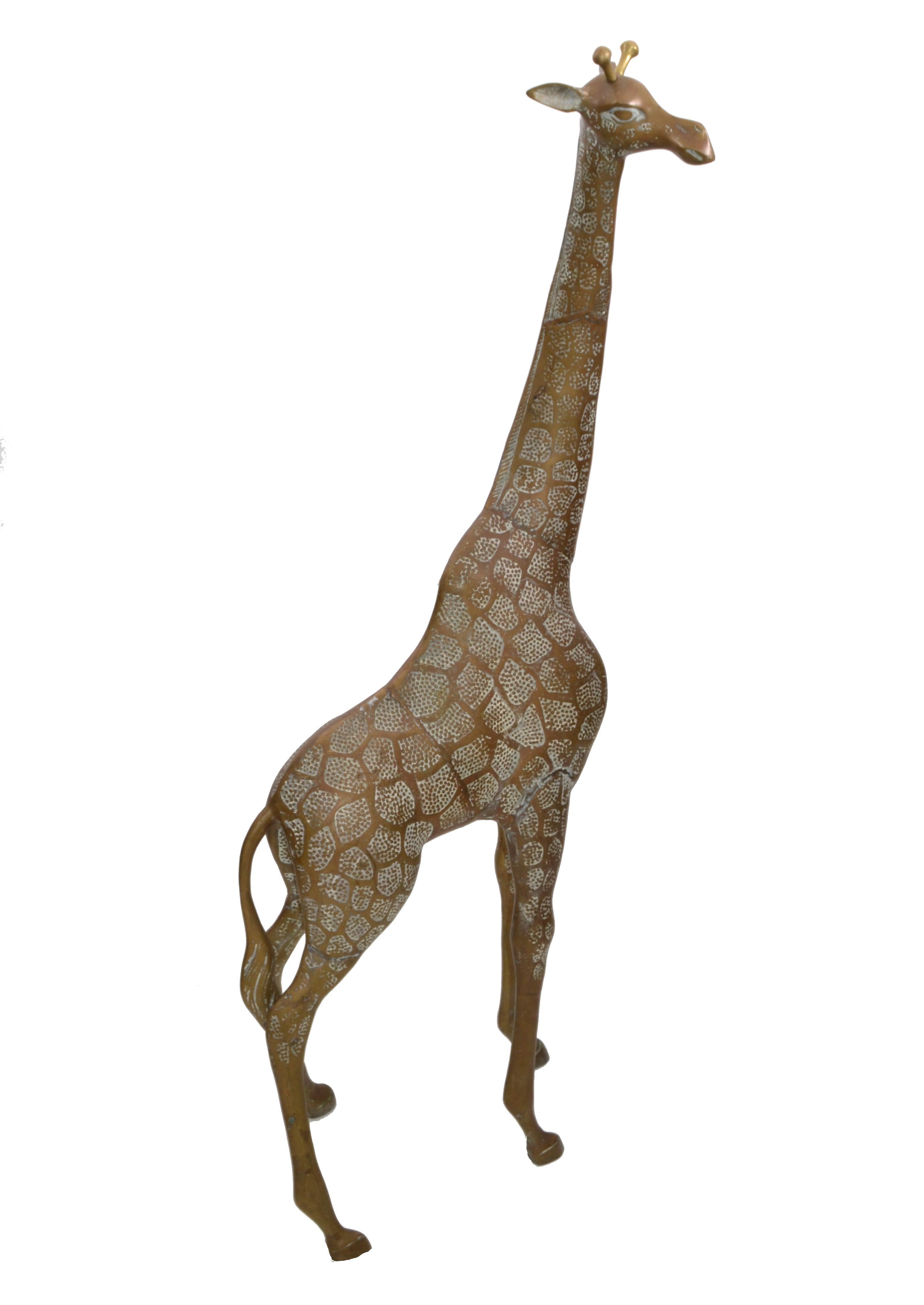 In the style of Sergio Bustamante, large 53 inches tall giraffe.
Standing, in brass and bronze hammered handcrafted animal sculpture.
This is a beautiful piece of Mid-Century Modern artwork.