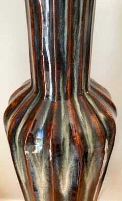 Monumental Mid-Century Modern Ribbed Ceramic Floor Vase with Drip Glaze