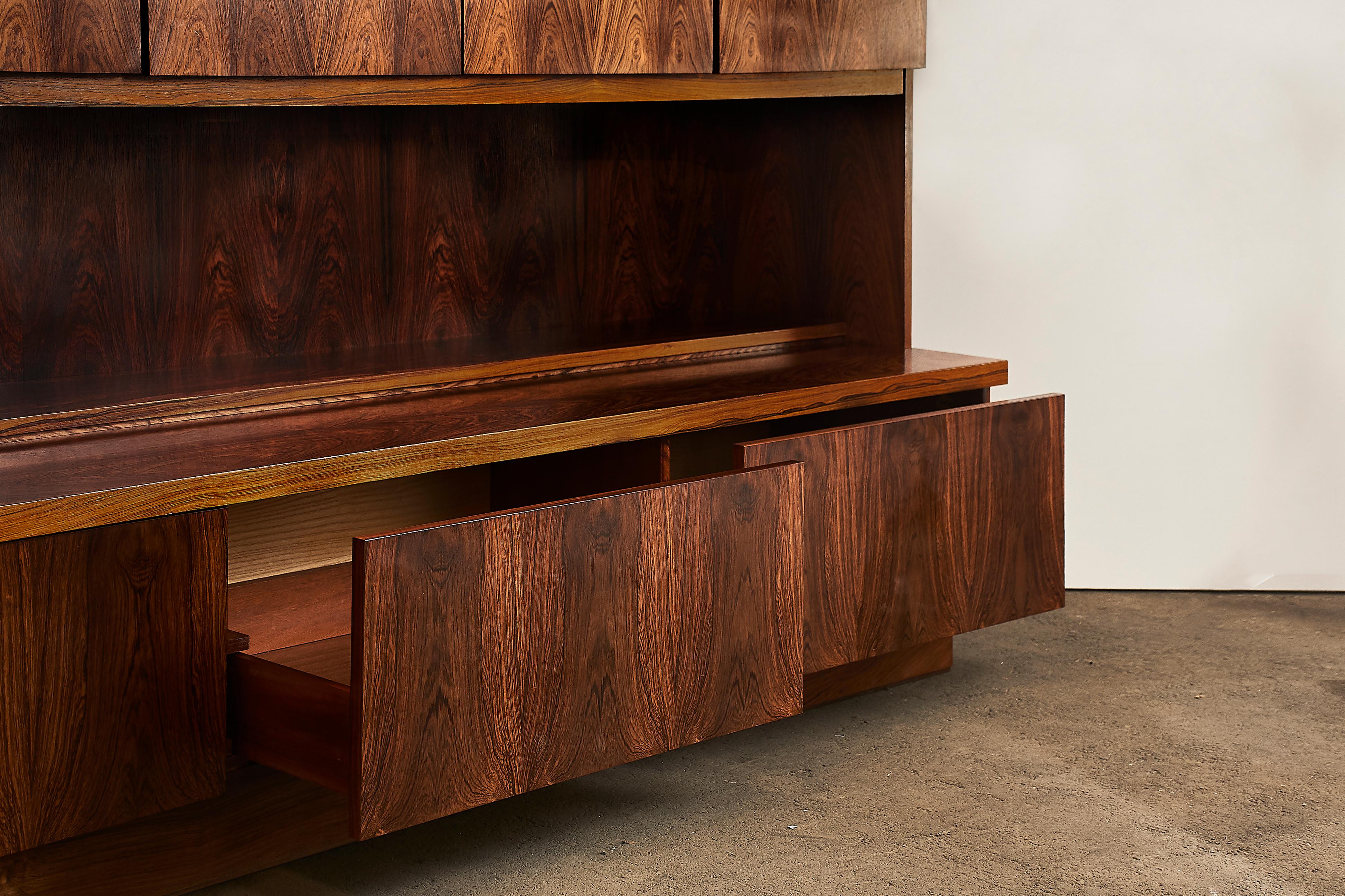 Mahogany Monumental Mid-Century Crescendo Bookmatched Rosewood Bar Cabinet Wall Unit For Sale