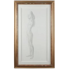 Monumental Mid-Century Modern Standing Nude Graphite Portrait by David Hanna