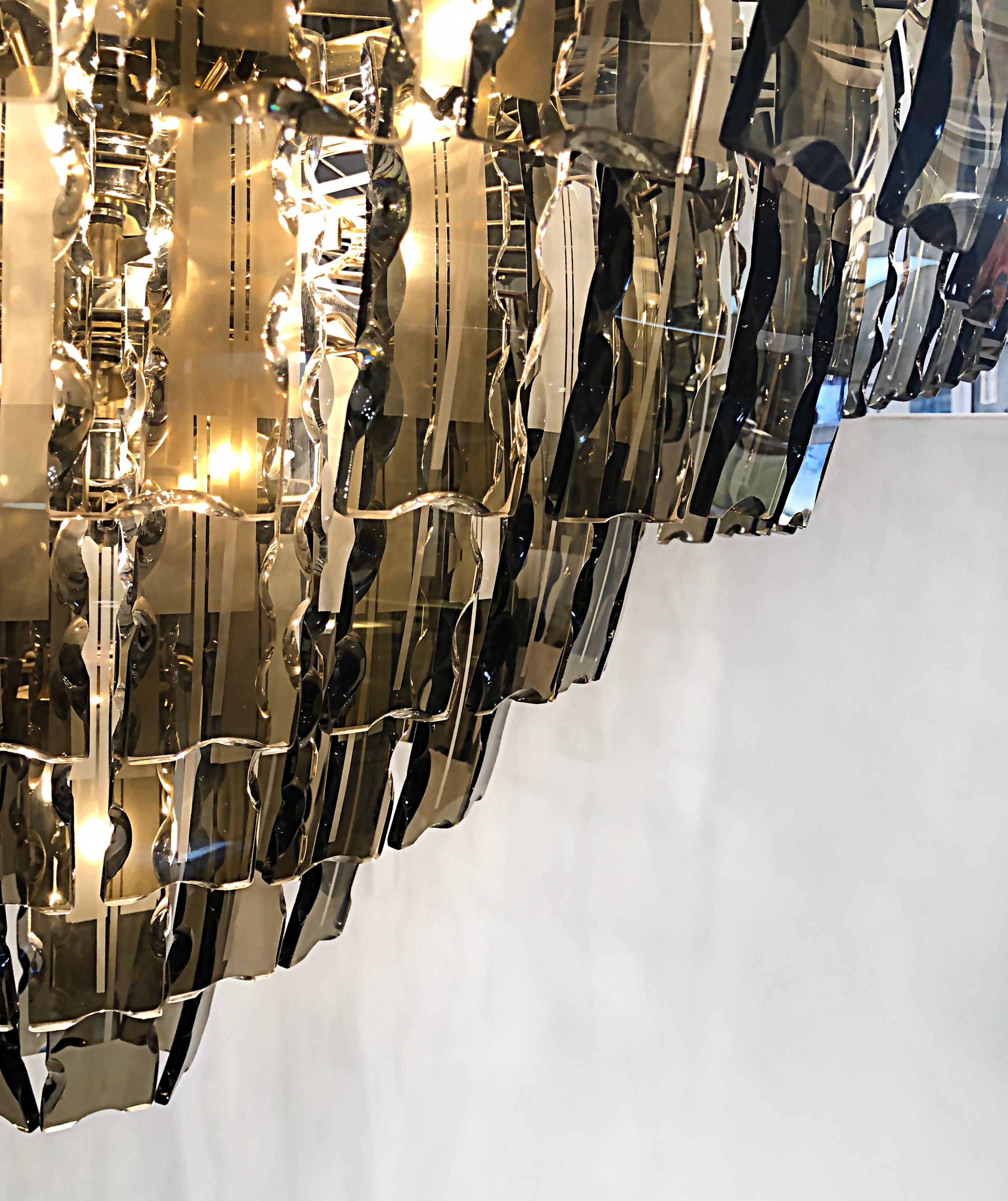 Monumental Mid-Century Modern Tiered Chandelier with Amber Tinted Glass Crystals In Good Condition In Miami, FL