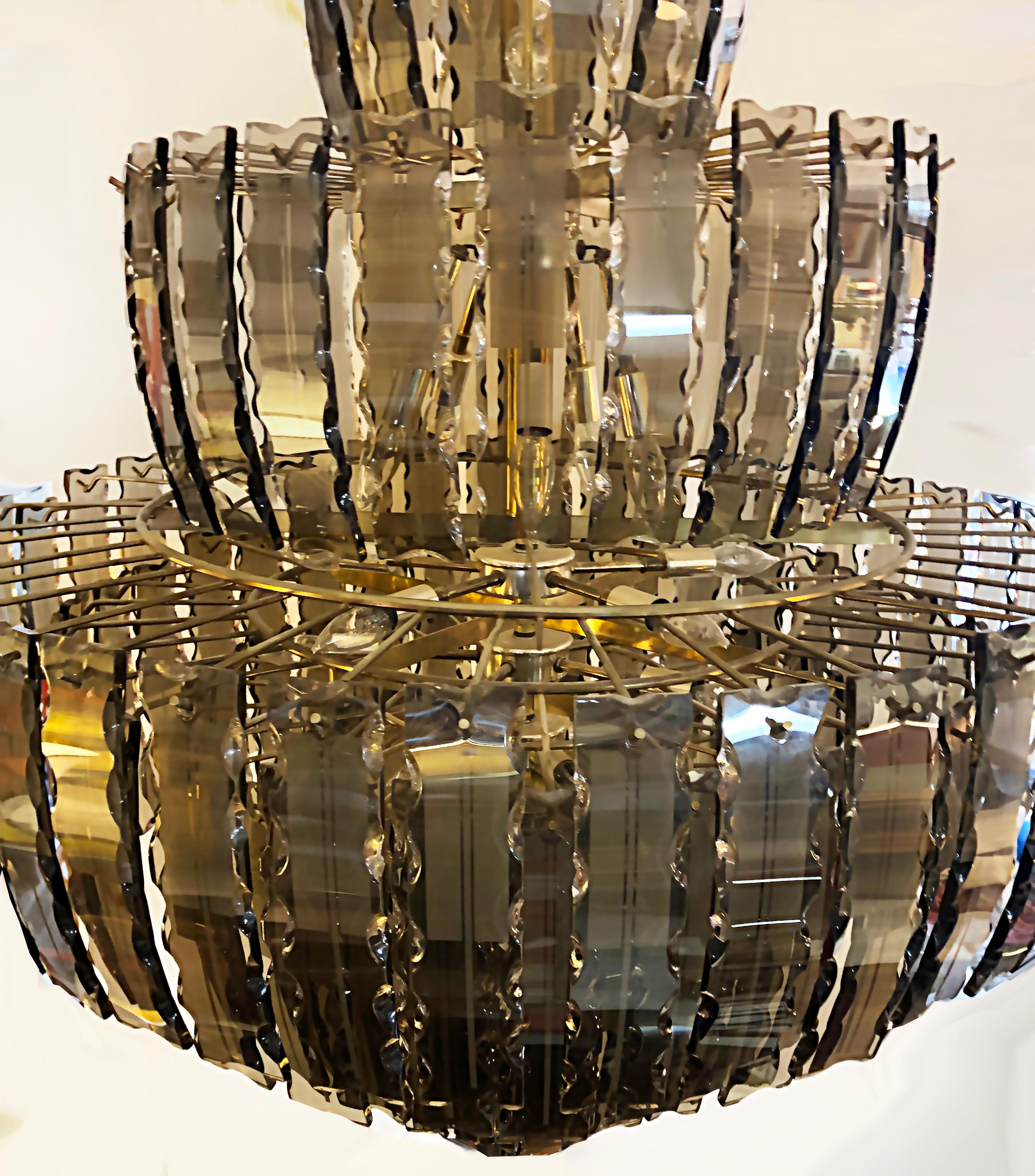 Monumental Mid-Century Modern Tiered Chandelier with Amber Tinted Glass Crystals 1