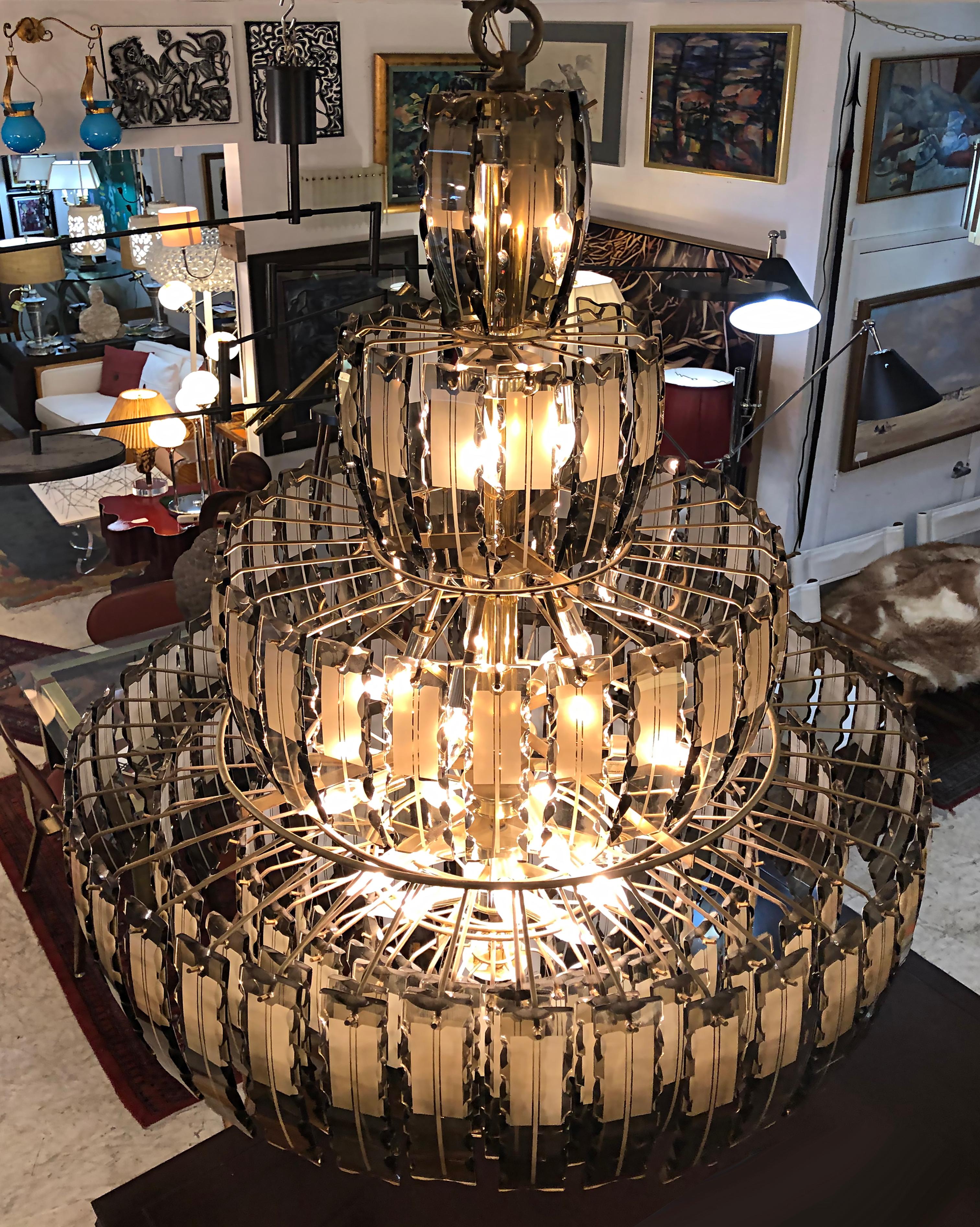 Monumental Mid-Century Modern Tiered Chandelier with Amber Tinted Glass Crystals 2