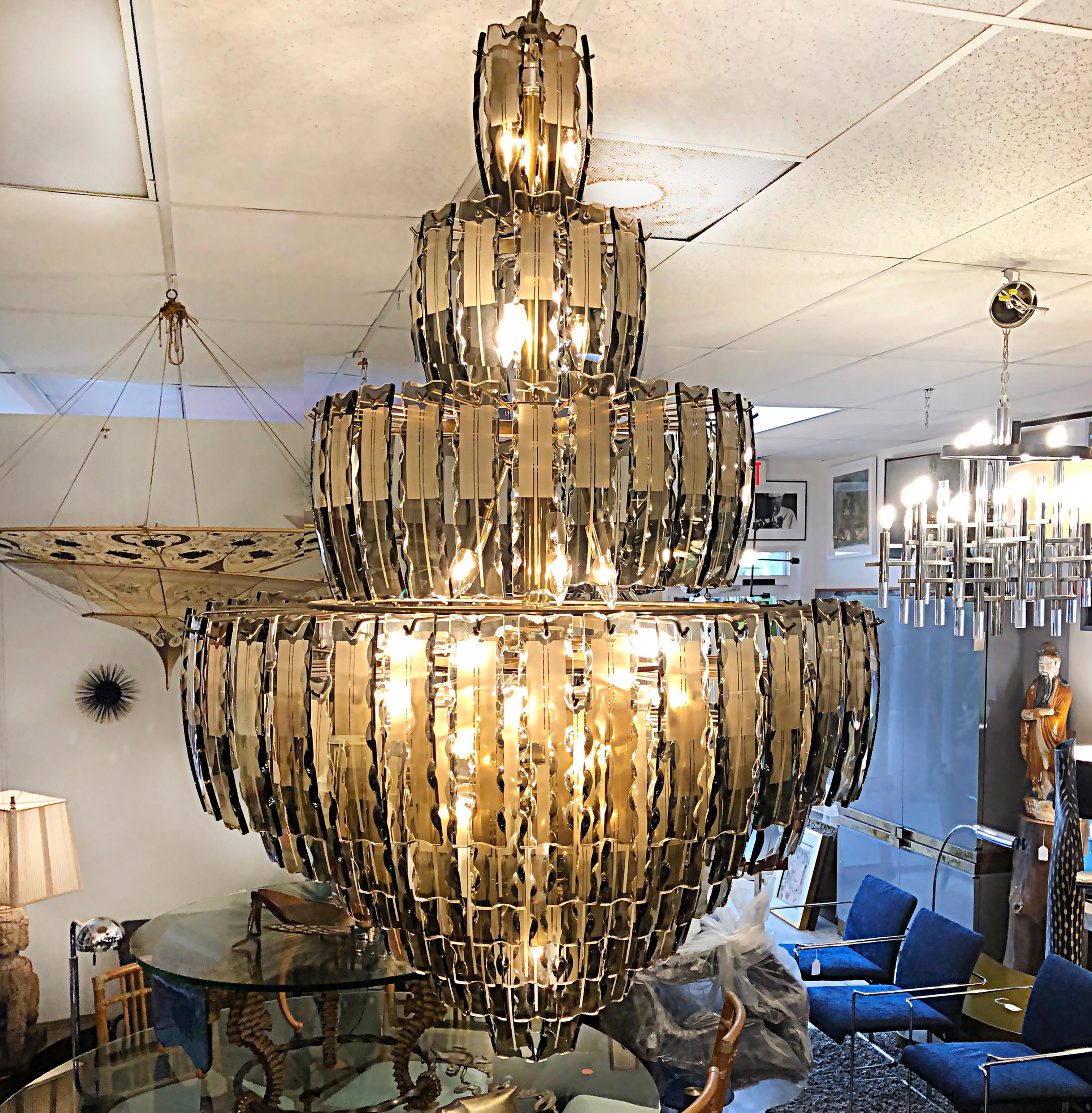 Monumental Mid-Century Modern Tiered Chandelier with Amber Tinted Glass Crystals 3