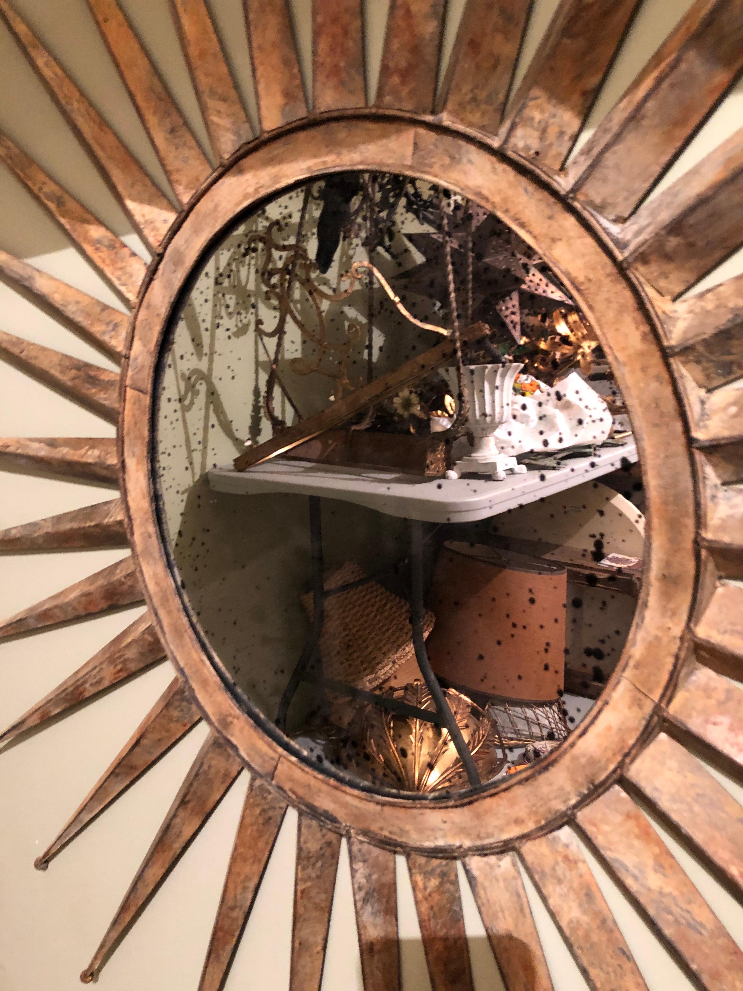 Monumental Mid Century Rustic Metal Starburst Mirror In Good Condition In Redding, CT