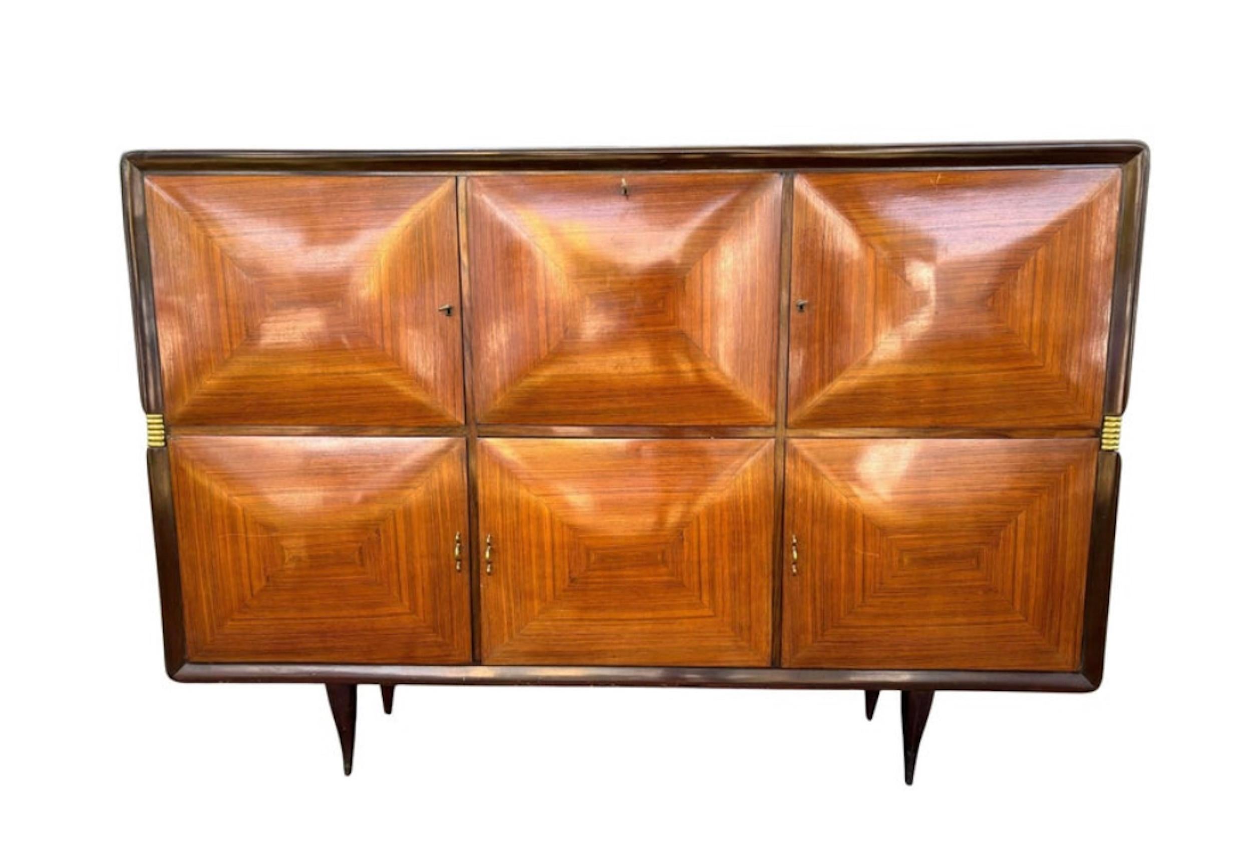 Mid-Century Modern Monumental Mid-Century Sideboard in Wood and Brass, Buffa Style, Italy 1950s For Sale