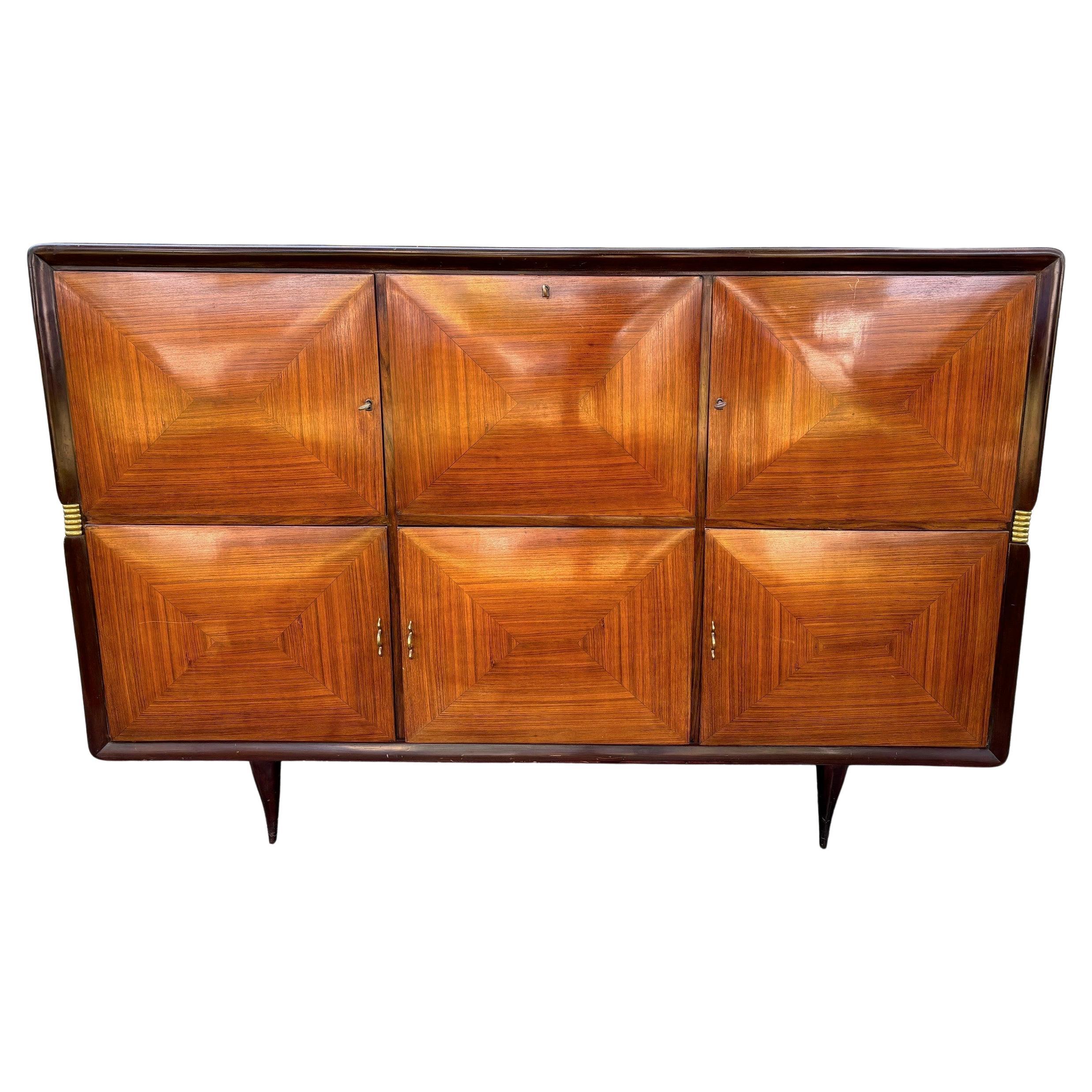 Monumental Mid-Century Sideboard in Wood and Brass, Buffa Style, Italy 1950s For Sale
