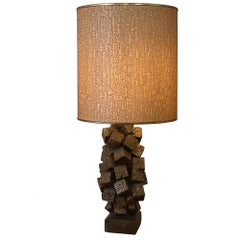 Monumental Midcentury Sculptural Plaster Cubes Lamp with Original Shade
