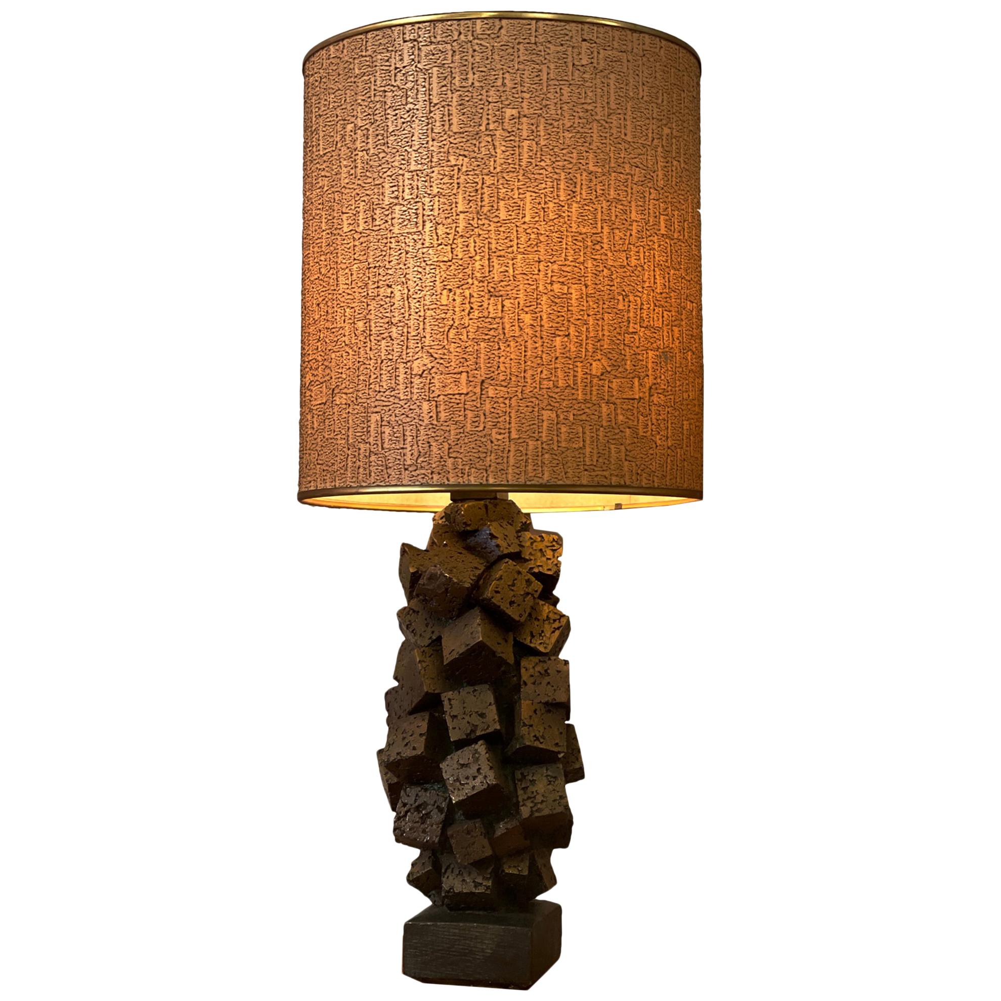 Monumental Midcentury Sculptural Plaster Cubes Lamp with Original Shade