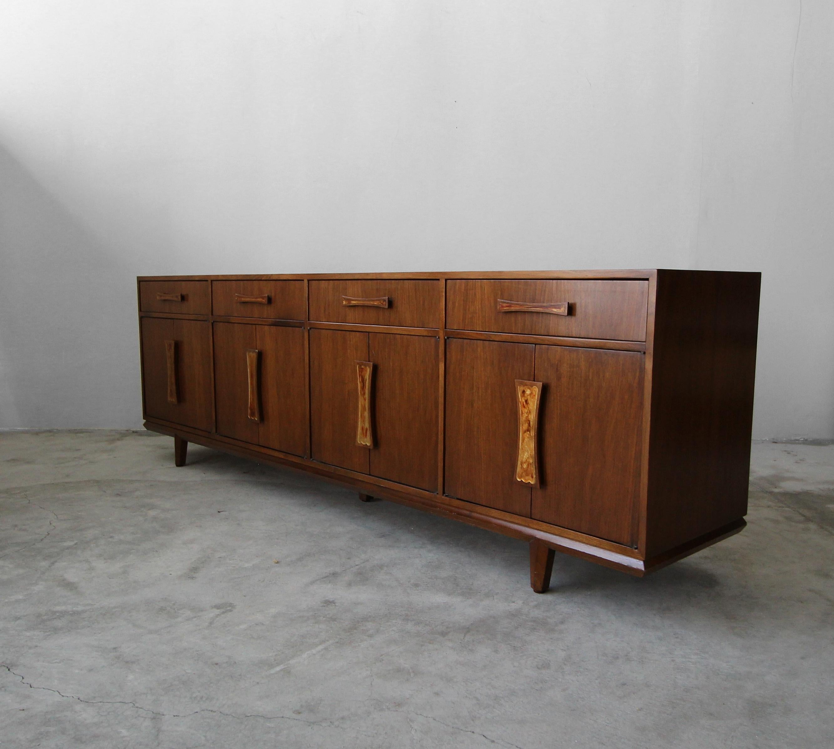 Mid-Century Modern Monumental Midcentury Walnut Credenza with Inlay Handles by Cal Mode Furniture