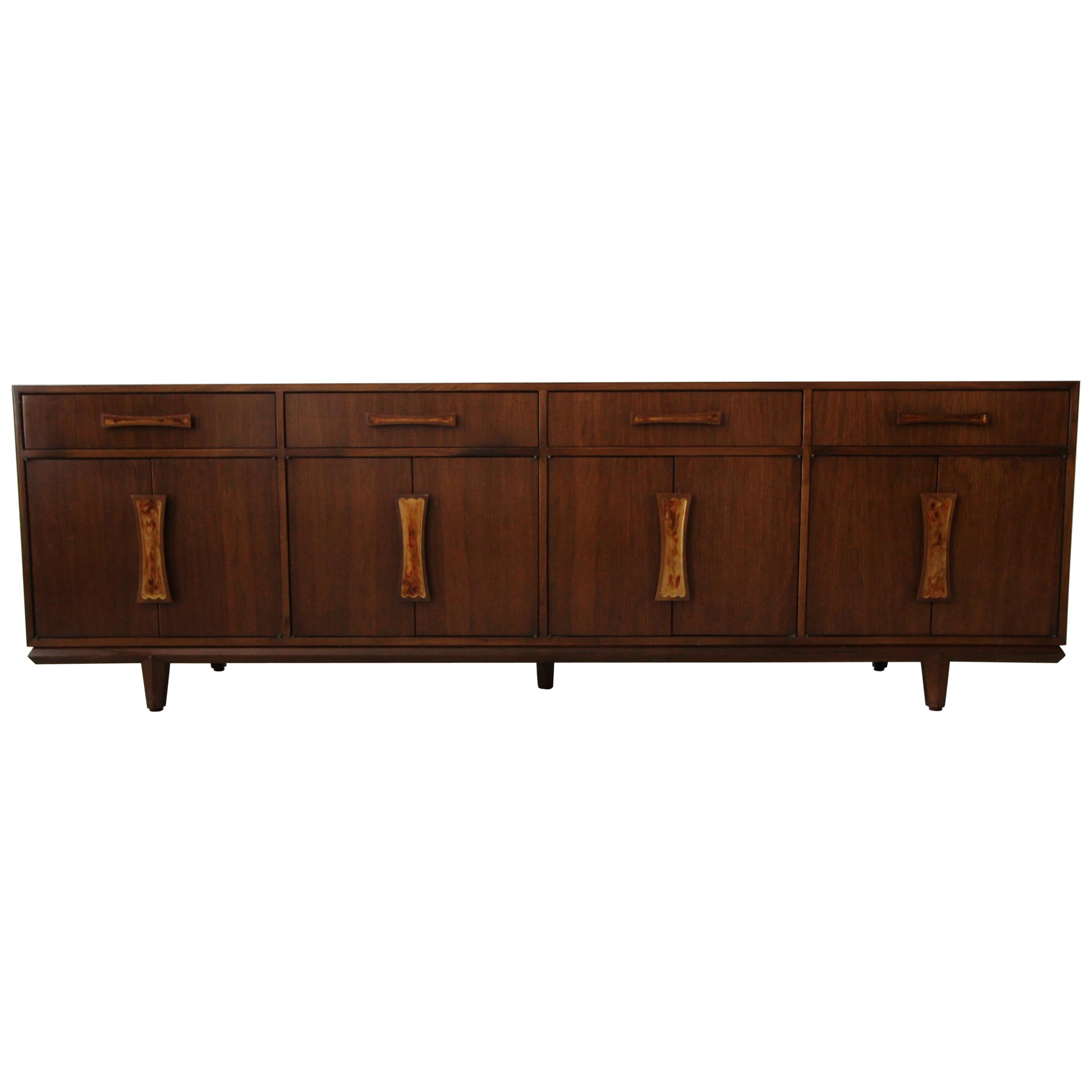 Monumental Midcentury Walnut Credenza with Inlay Handles by Cal Mode Furniture