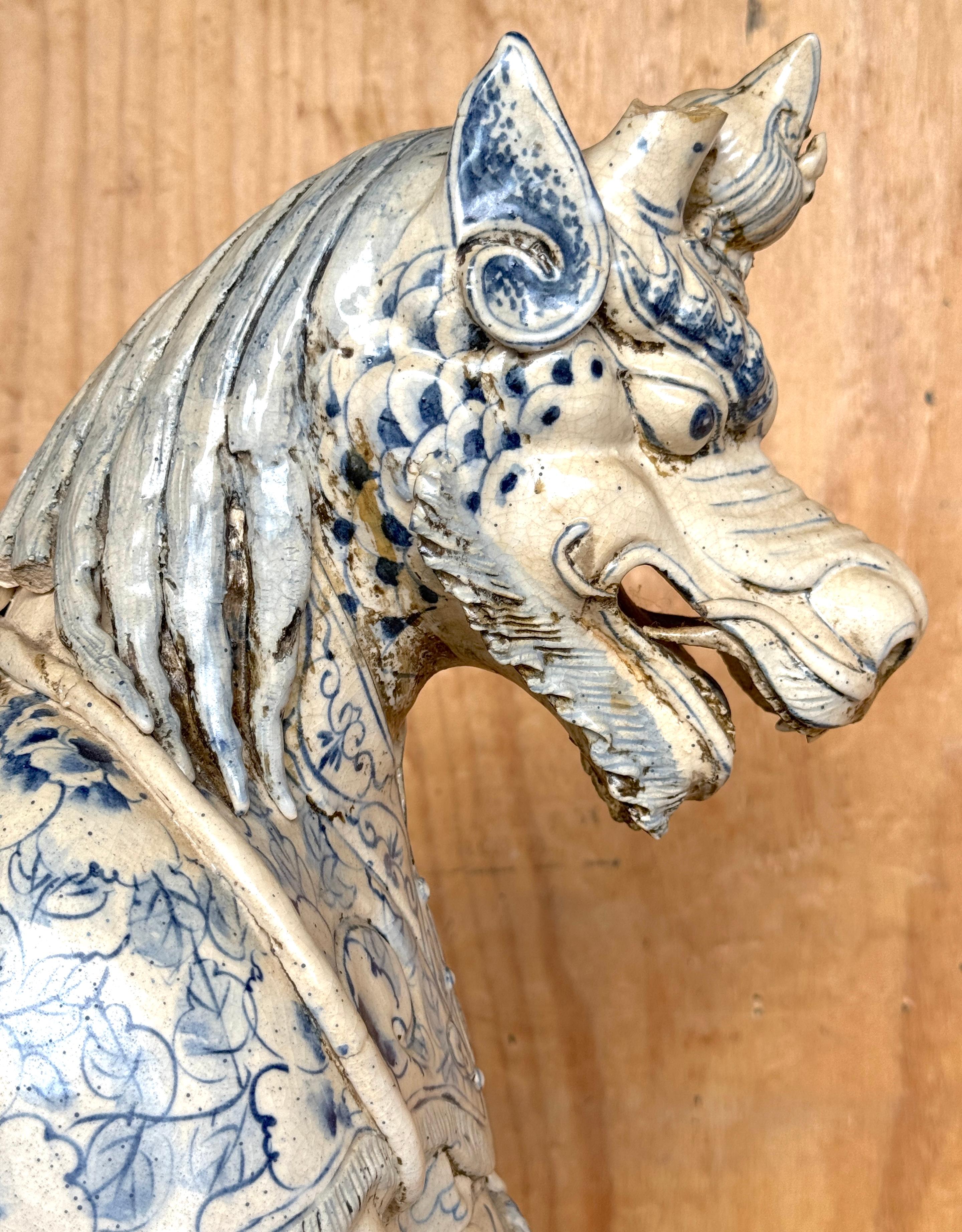 Monumental Ming Dynsty Style Blue & White Anthropomorphic Horned Horse Deity For Sale 3