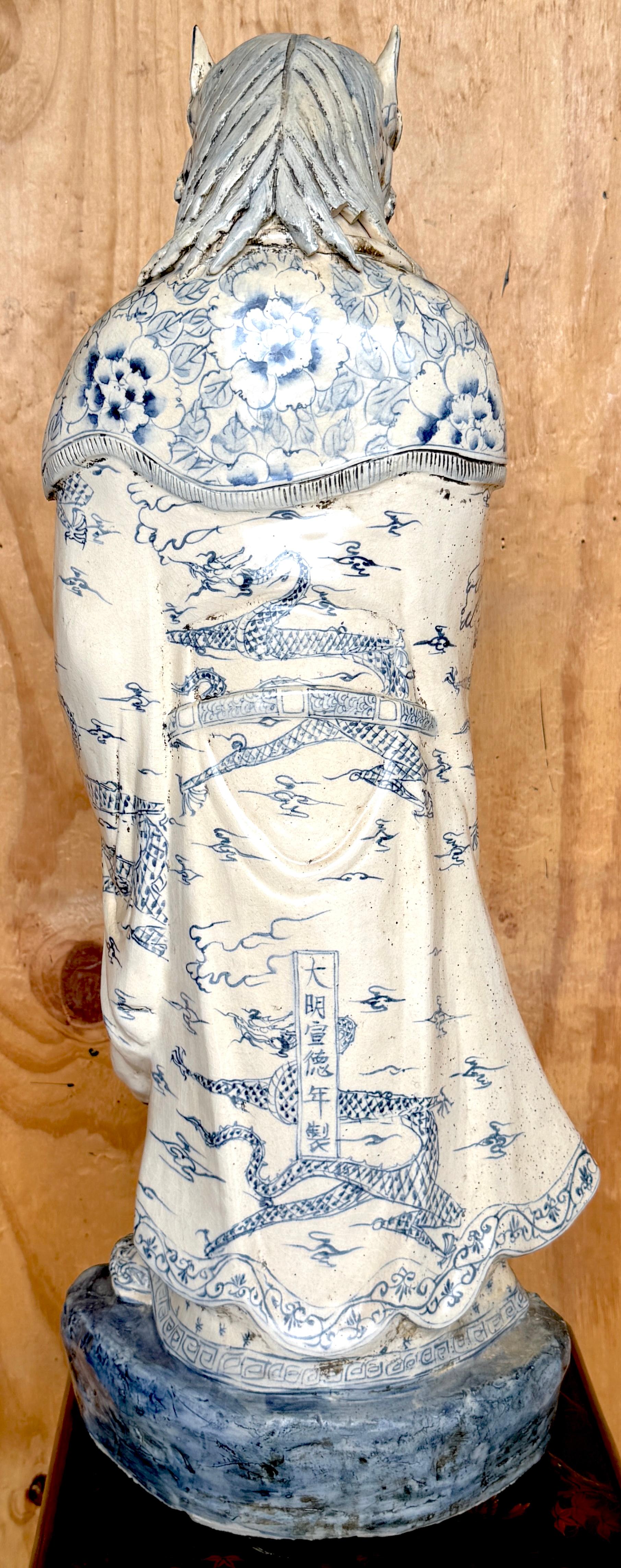 Monumental Ming Dynsty Style Blue & White Anthropomorphic Horned Horse Deity For Sale 4