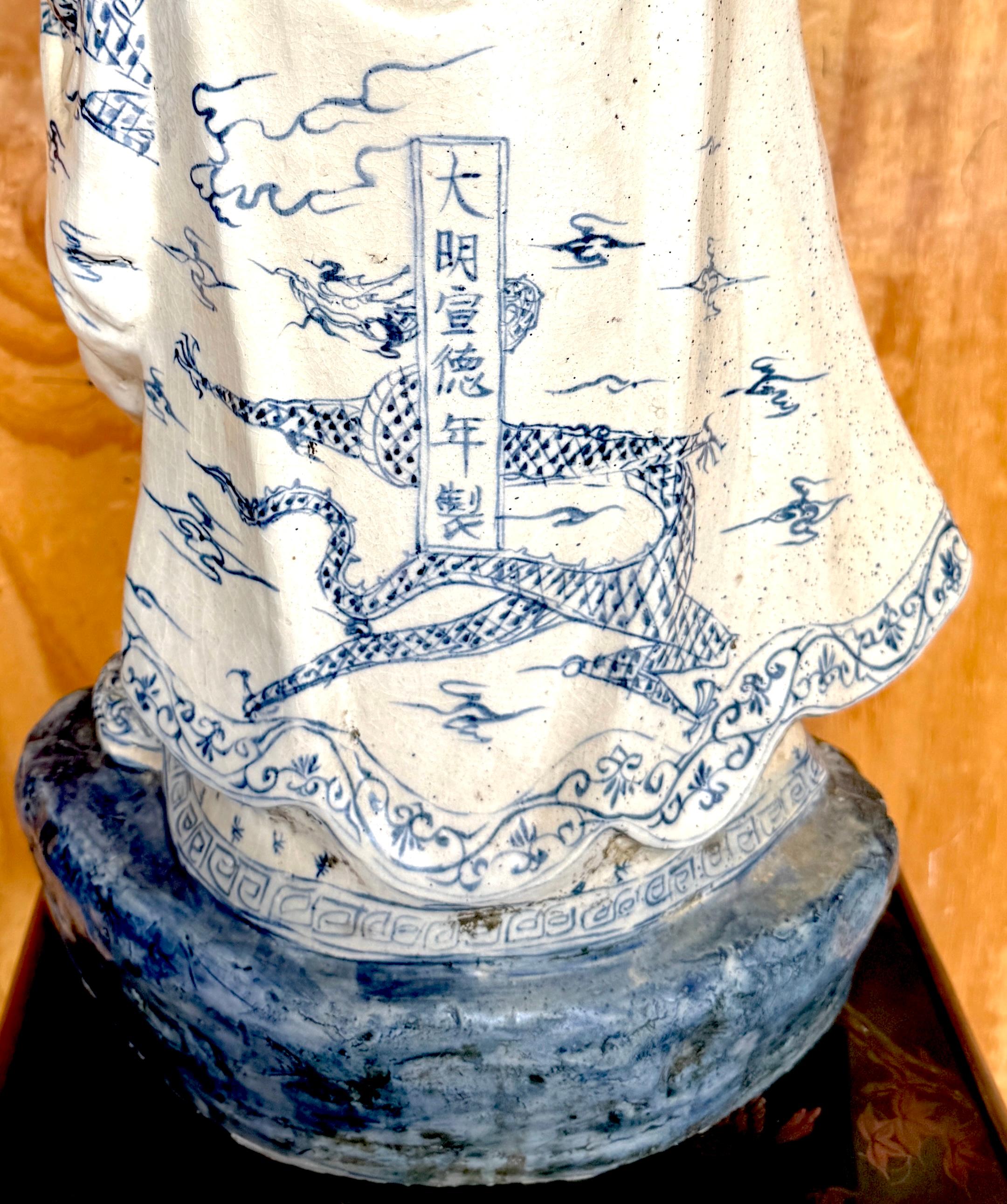 Monumental Ming Dynsty Style Blue & White Anthropomorphic Horned Horse Deity For Sale 5