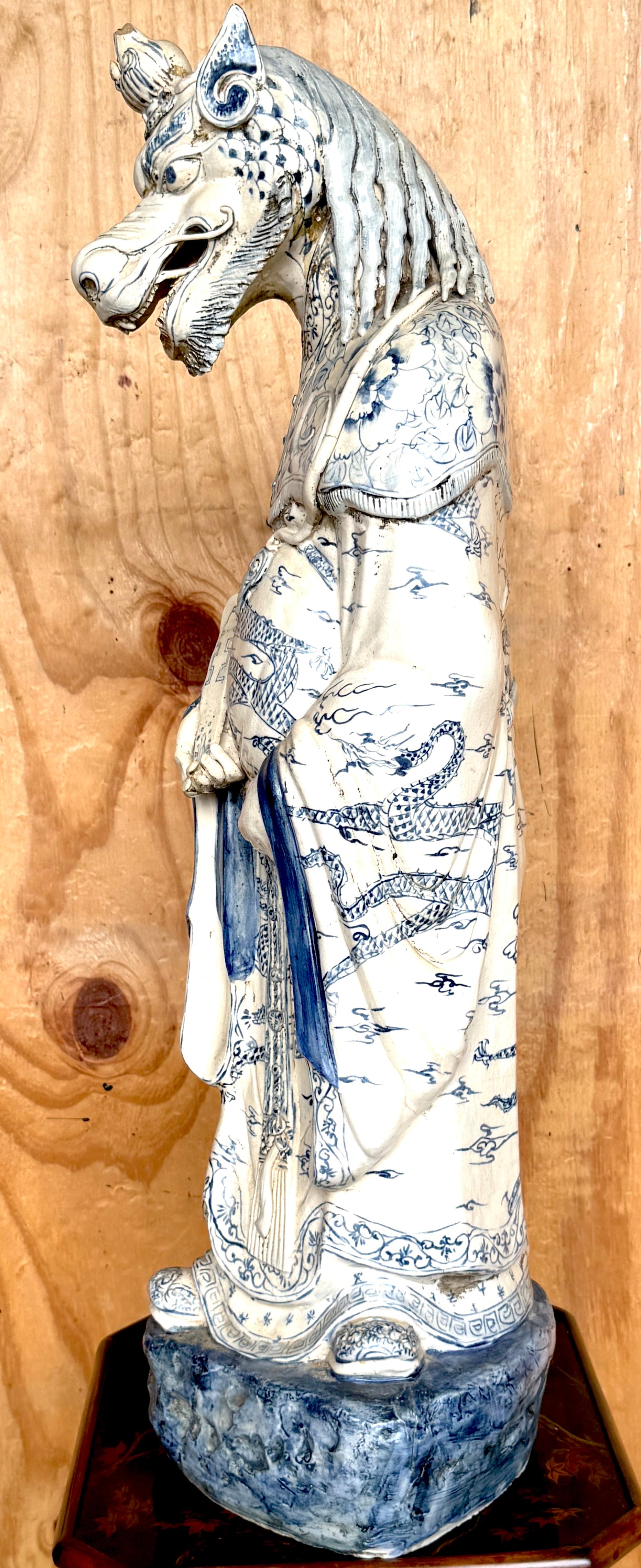 Monumental Ming Dynsty Style Blue & White Anthropomorphic Horned Horse Deity For Sale 7