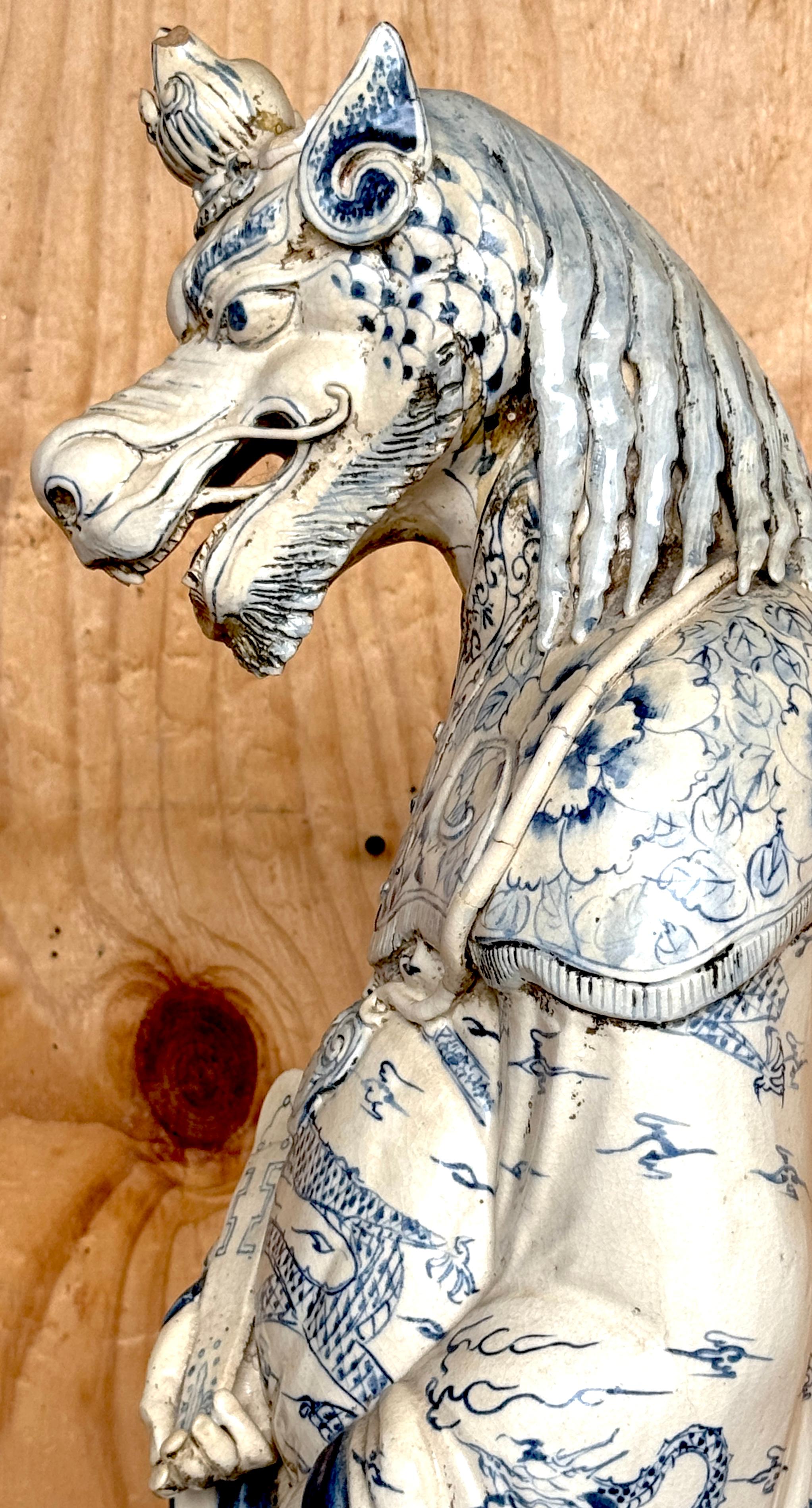 Monumental Ming Dynsty Style Blue & White Anthropomorphic Horned Horse Deity For Sale 8