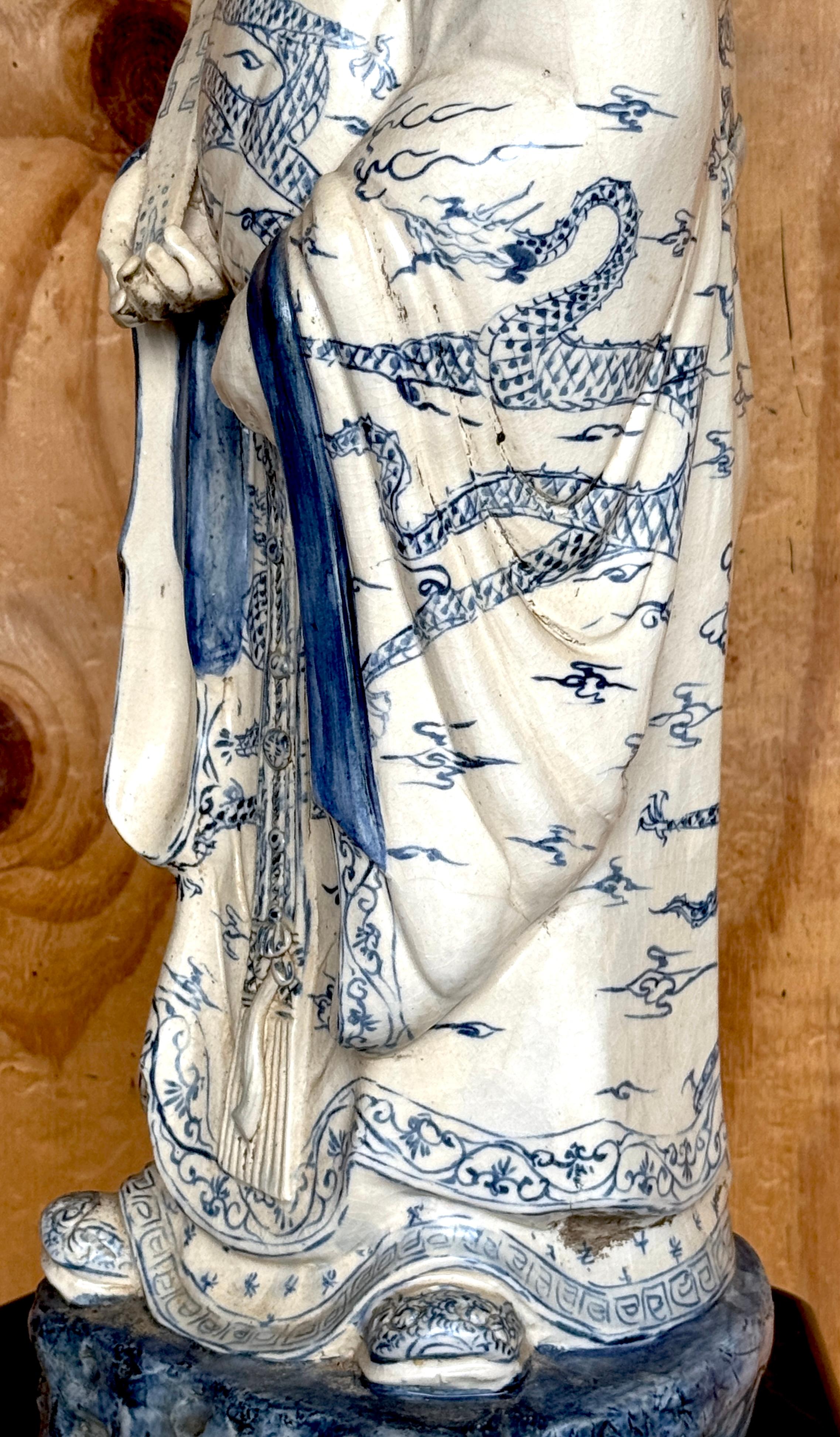 Monumental Ming Dynsty Style Blue & White Anthropomorphic Horned Horse Deity For Sale 9