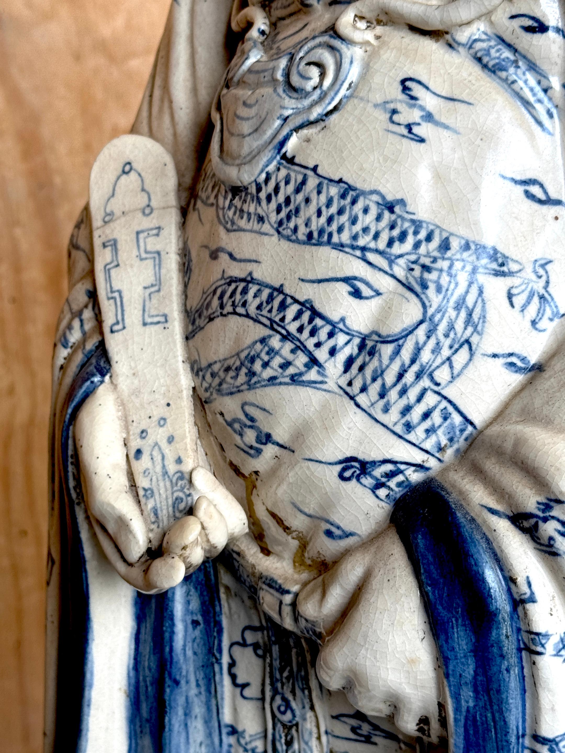 Monumental Ming Dynsty Style Blue & White Anthropomorphic Horned Horse Deity For Sale 10