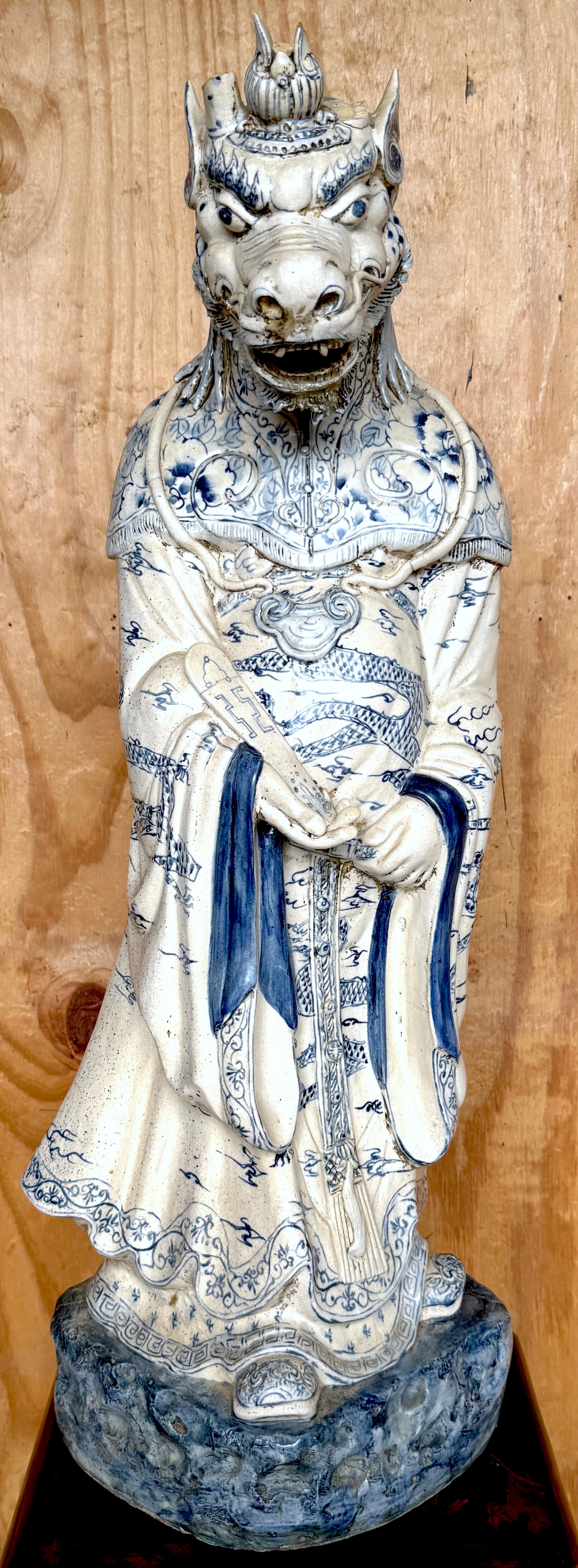 Monumental Ming Dynasty Style Blue & White Anthropomorphic Horned Horse Deity 

This imposing Chinese porcelain figure is a testament to the artistry and craftsmanship of the era. Standing at an impressive 33 inches tall and weighing a substantial