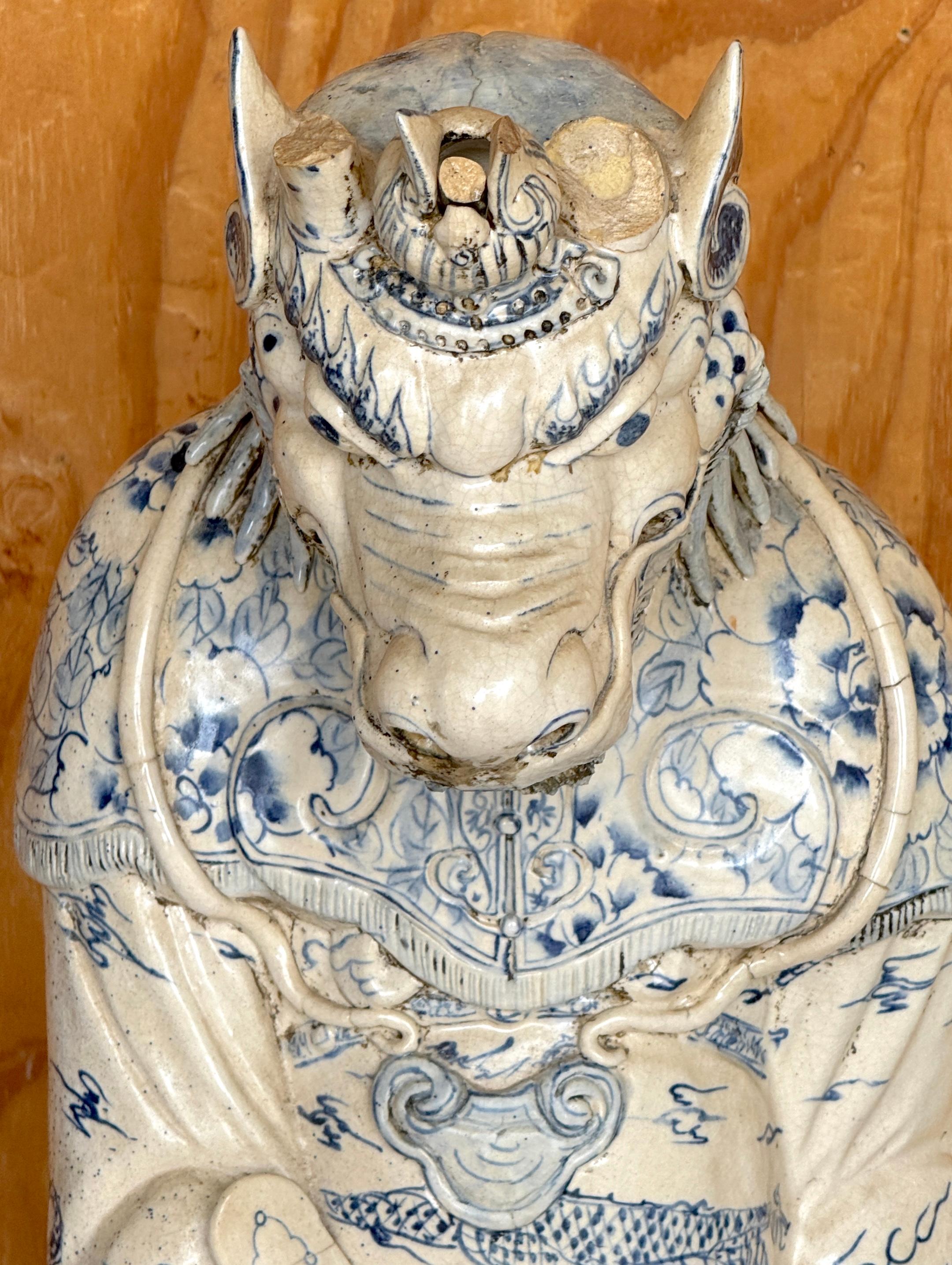 Chinese Monumental Ming Dynsty Style Blue & White Anthropomorphic Horned Horse Deity For Sale