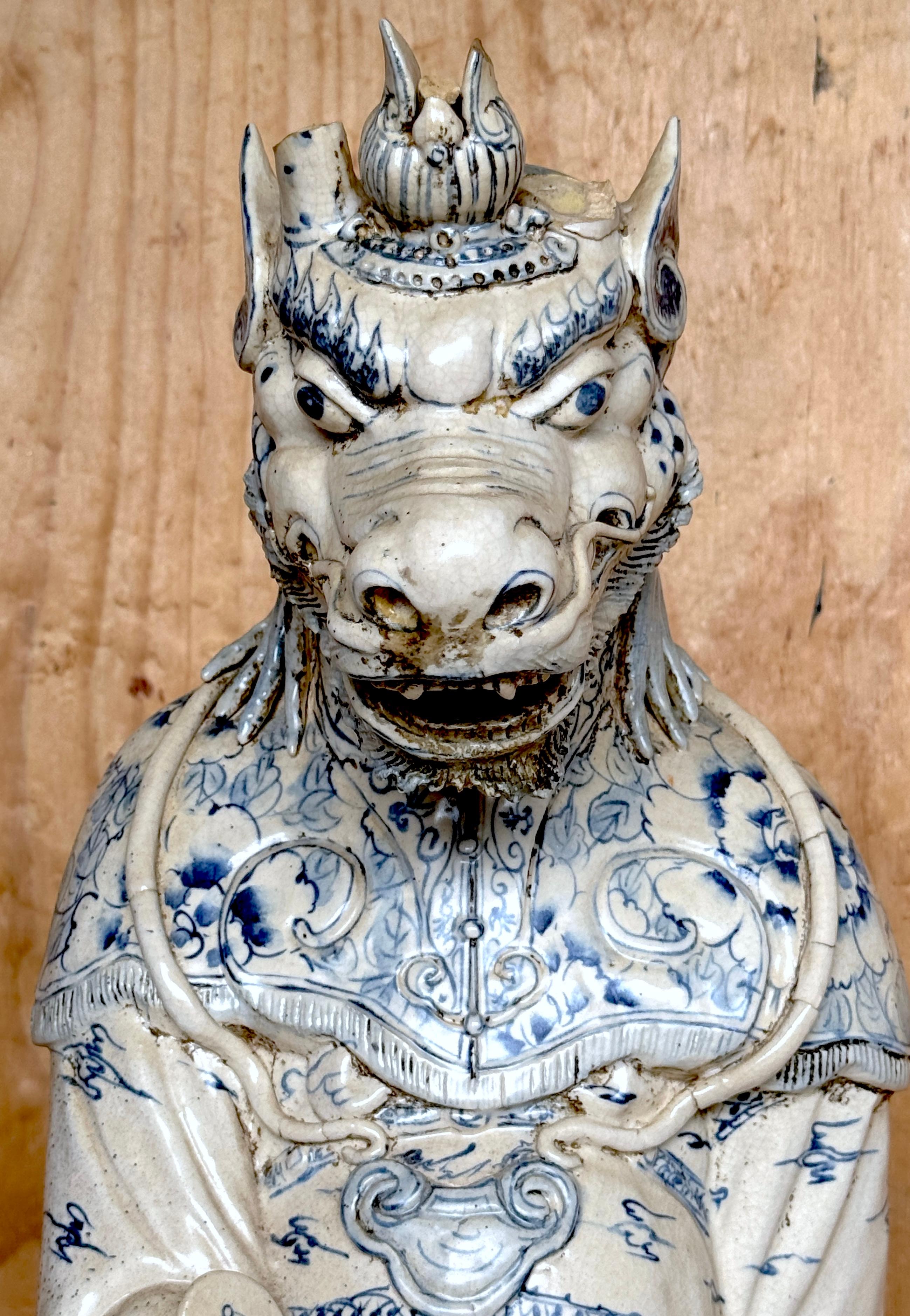 Hand-Painted Monumental Ming Dynsty Style Blue & White Anthropomorphic Horned Horse Deity For Sale