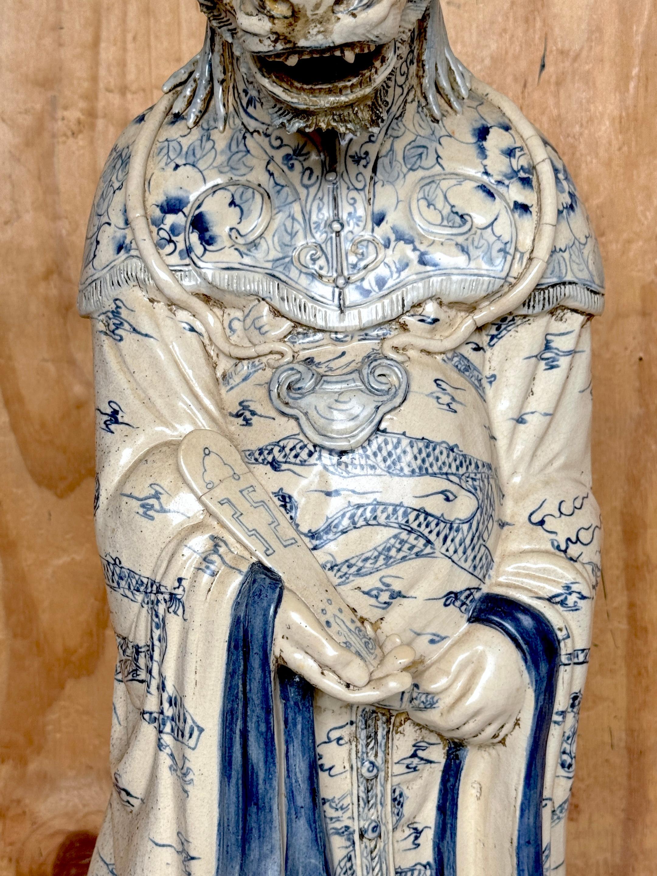 Monumental Ming Dynsty Style Blue & White Anthropomorphic Horned Horse Deity In Good Condition In West Palm Beach, FL