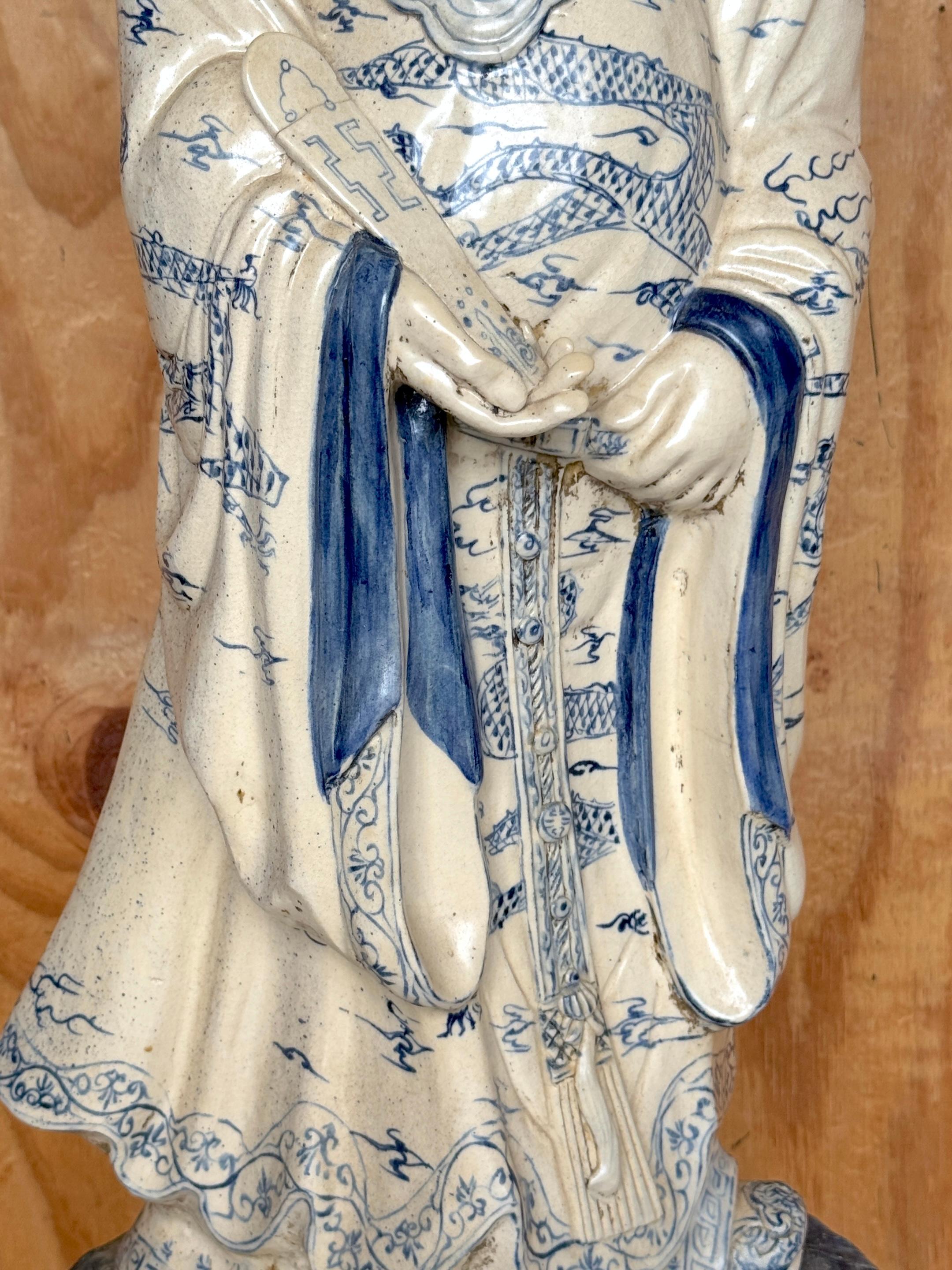 20th Century Monumental Ming Dynsty Style Blue & White Anthropomorphic Horned Horse Deity For Sale