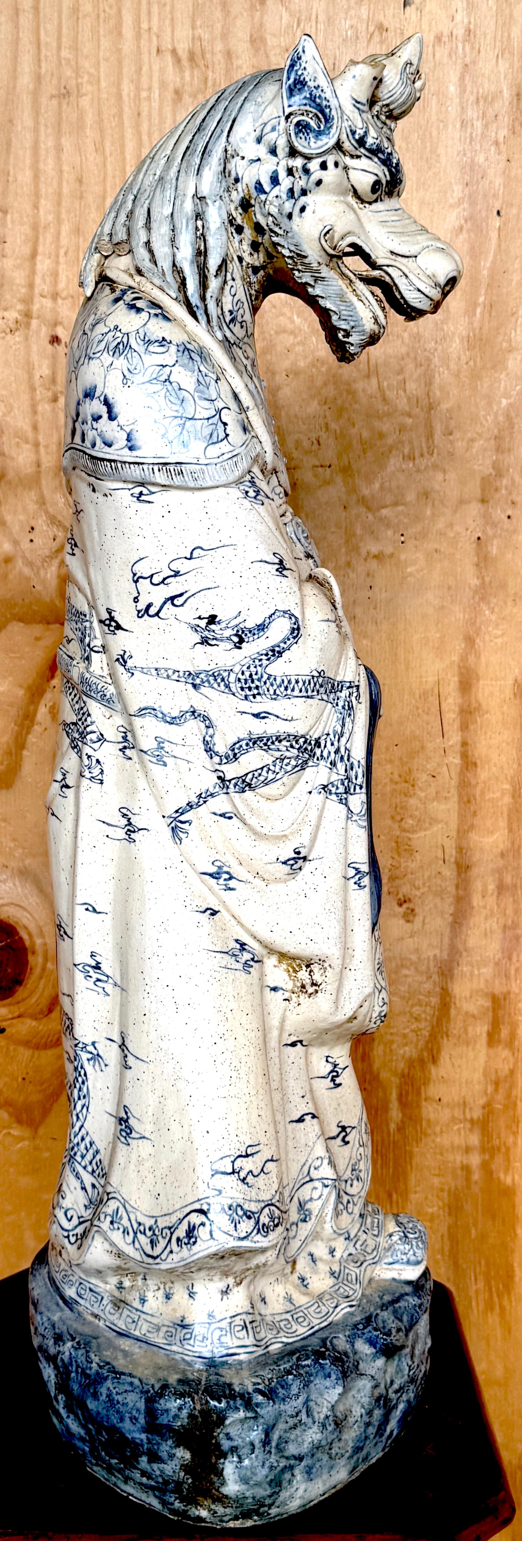 Monumental Ming Dynsty Style Blue & White Anthropomorphic Horned Horse Deity For Sale 1