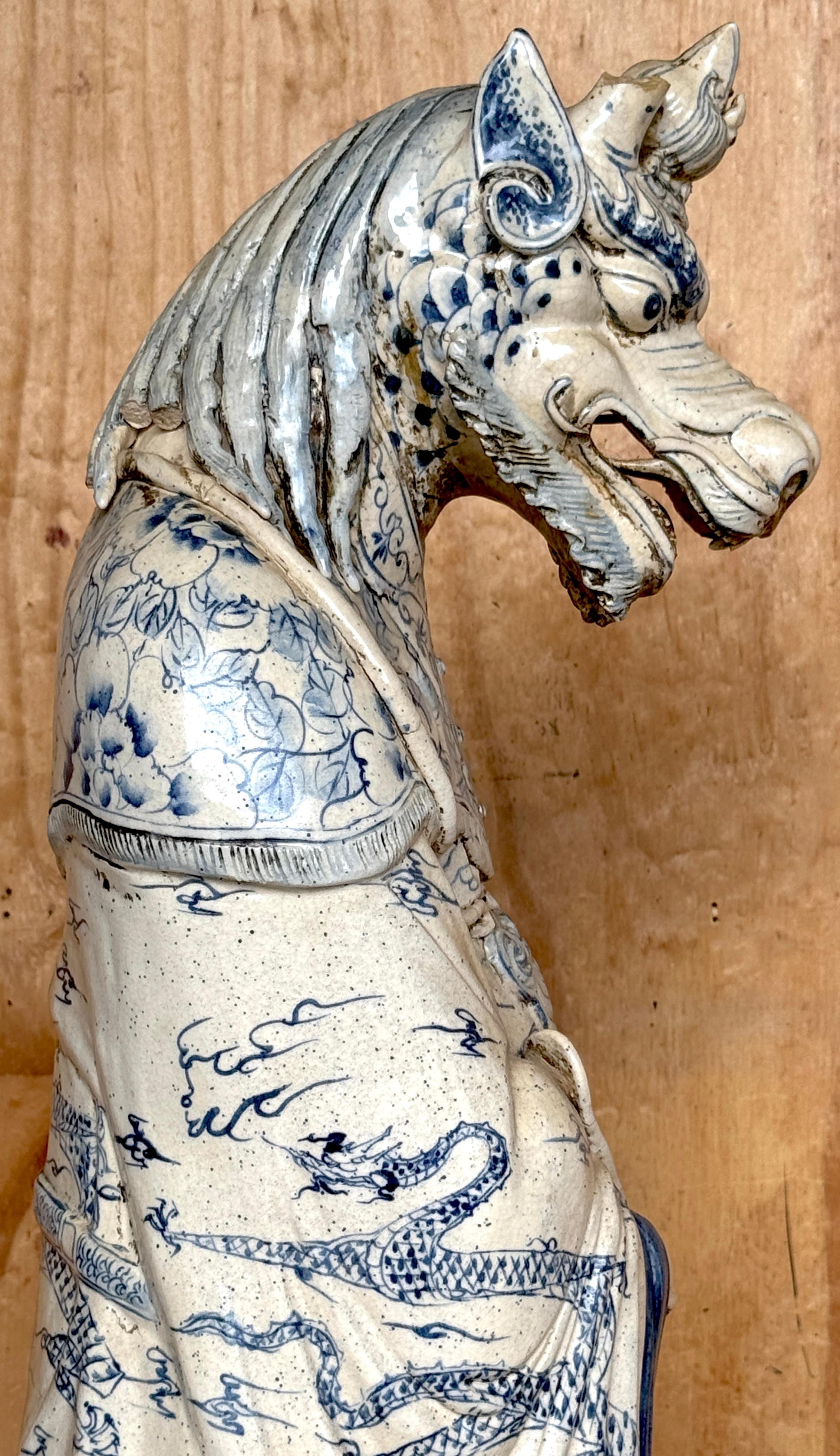 Monumental Ming Dynsty Style Blue & White Anthropomorphic Horned Horse Deity 2
