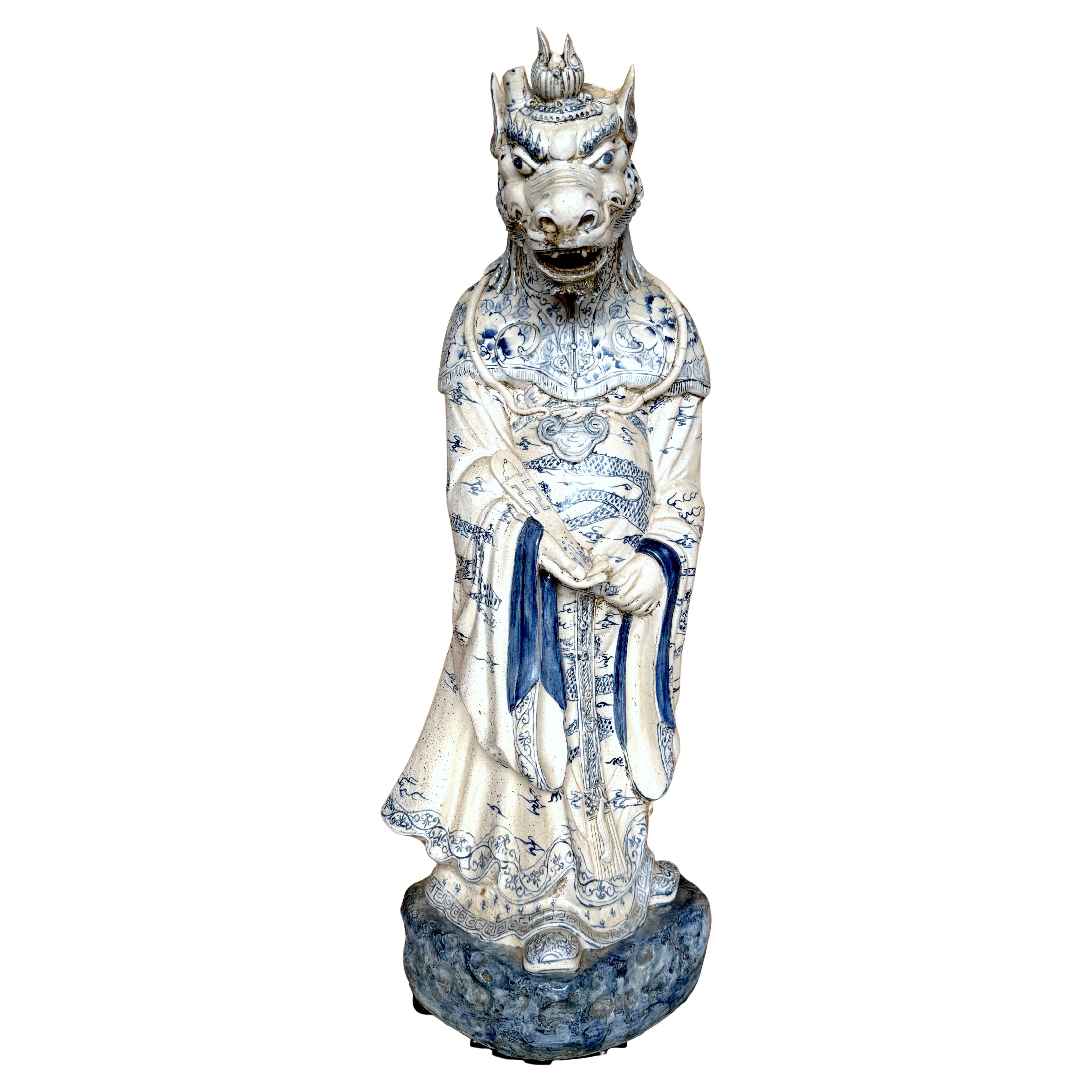 Monumental Ming Dynsty Style Blue & White Anthropomorphic Horned Horse Deity