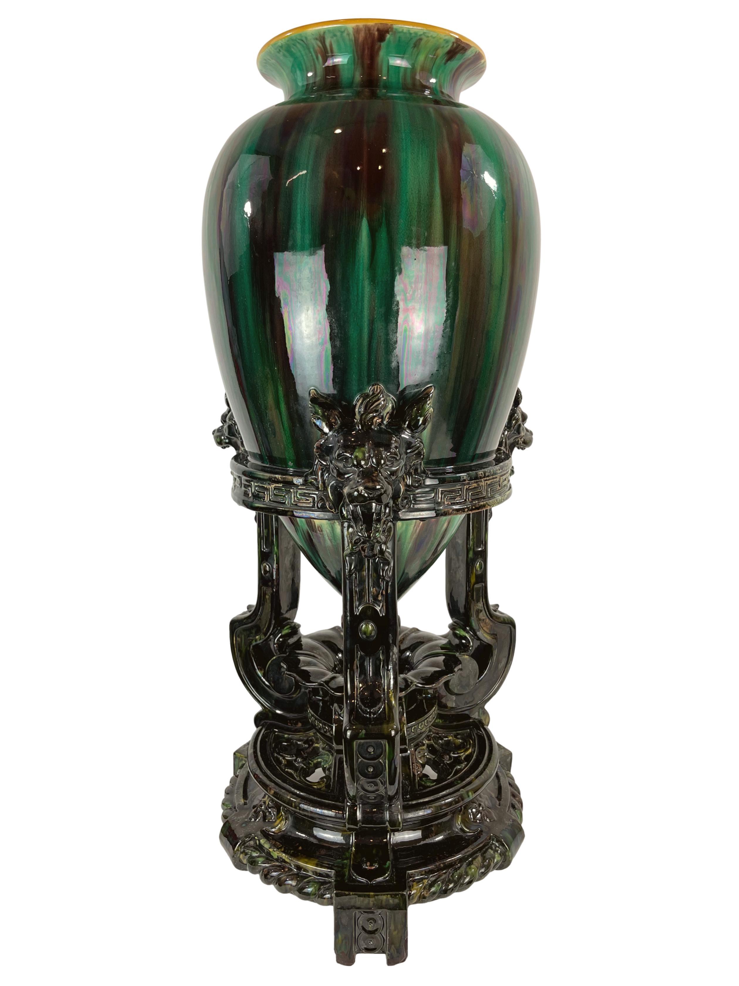 Molded Monumental Minton Majolica Amphora Vase, 1879, Attrib. to Christopher Dresser