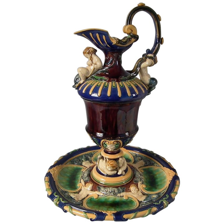 Monumental Minton Majolica Ewer and Stand For Sale