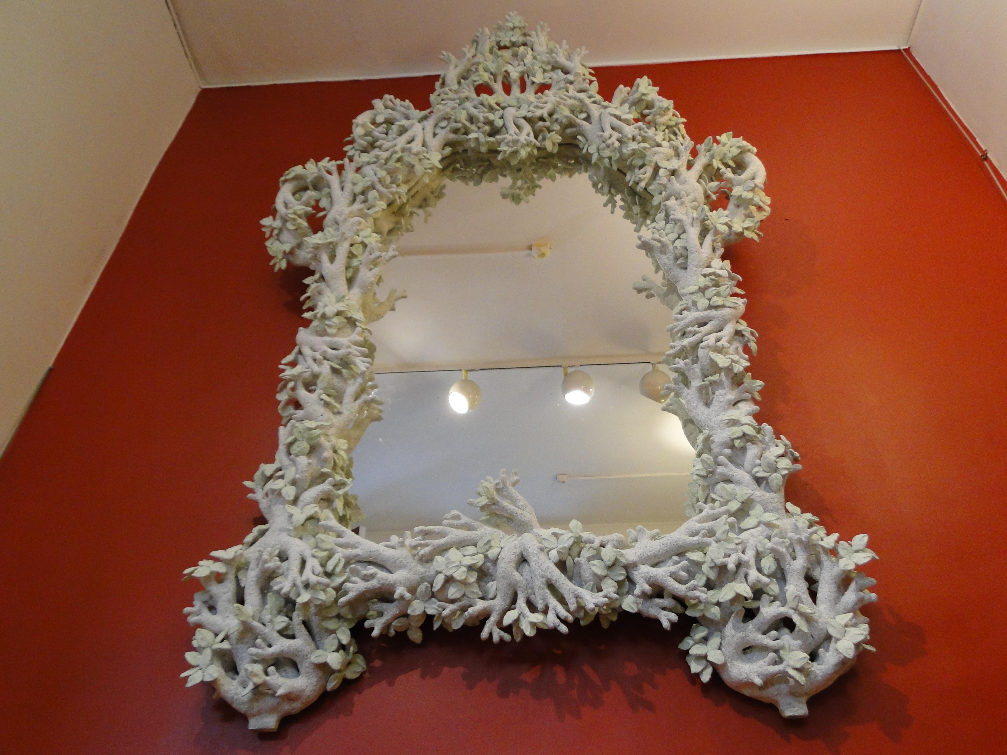 Hand-Crafted Monumental French Mirror Papier Mache Plaster Sculptural Leaf Edouard Chevalier 
