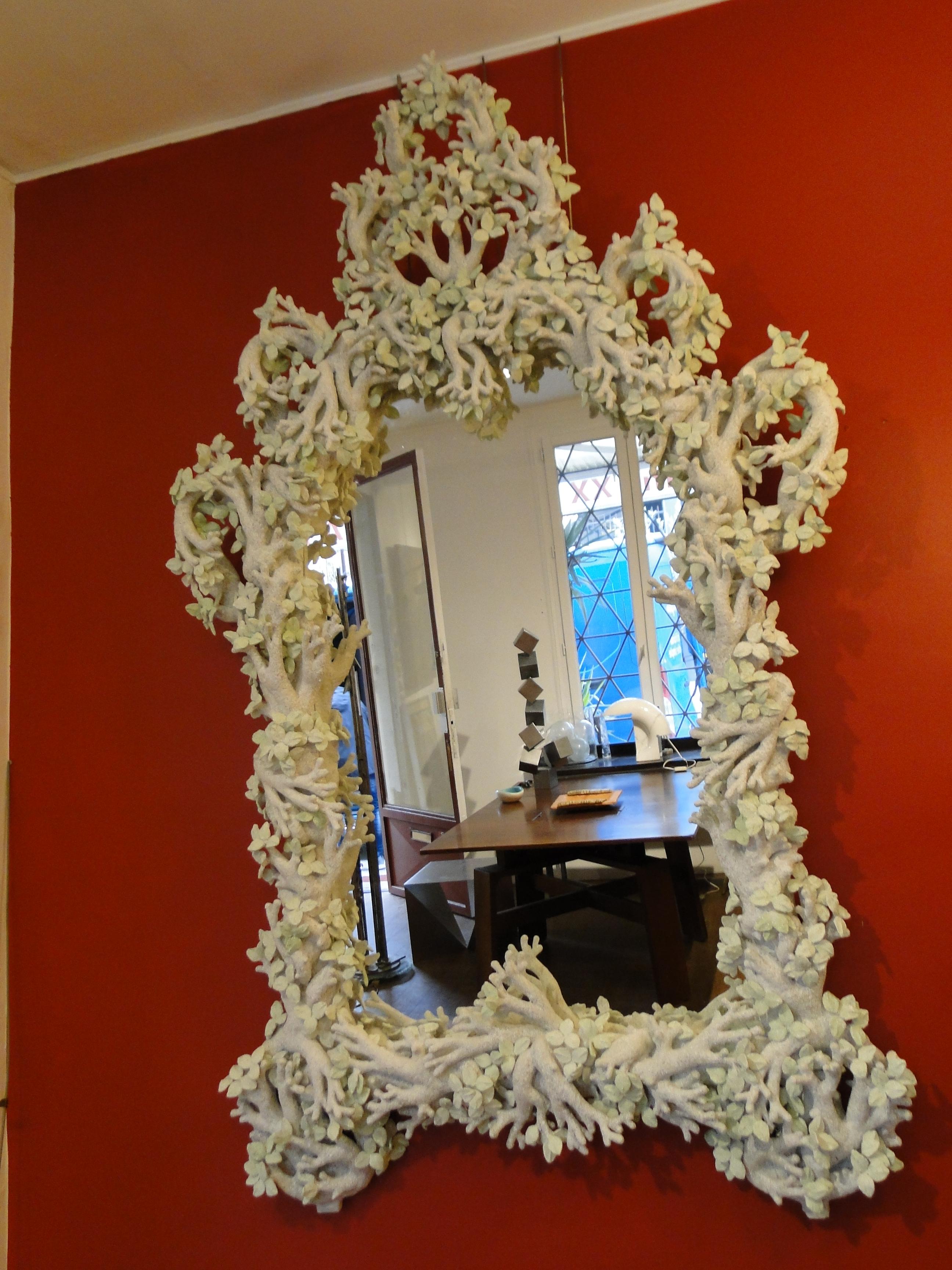 Monumental French Mirror Papier Mache Plaster Sculptural Leaf Edouard Chevalier In Excellent Condition In Lège Cap Ferret, FR