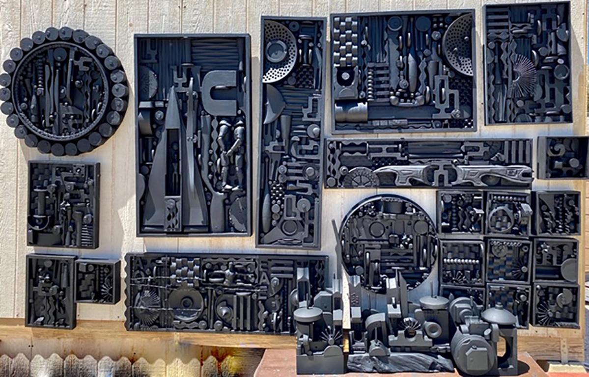 Abstract, Industrial, mixed-media wall sculpture by Marcos Lima, 2020. Gathering inspiration from the works of Louise Nevelson, the artist has assembled found midcentury objects of wood, acrylic and plastic and created a compelling work of 23 pieces