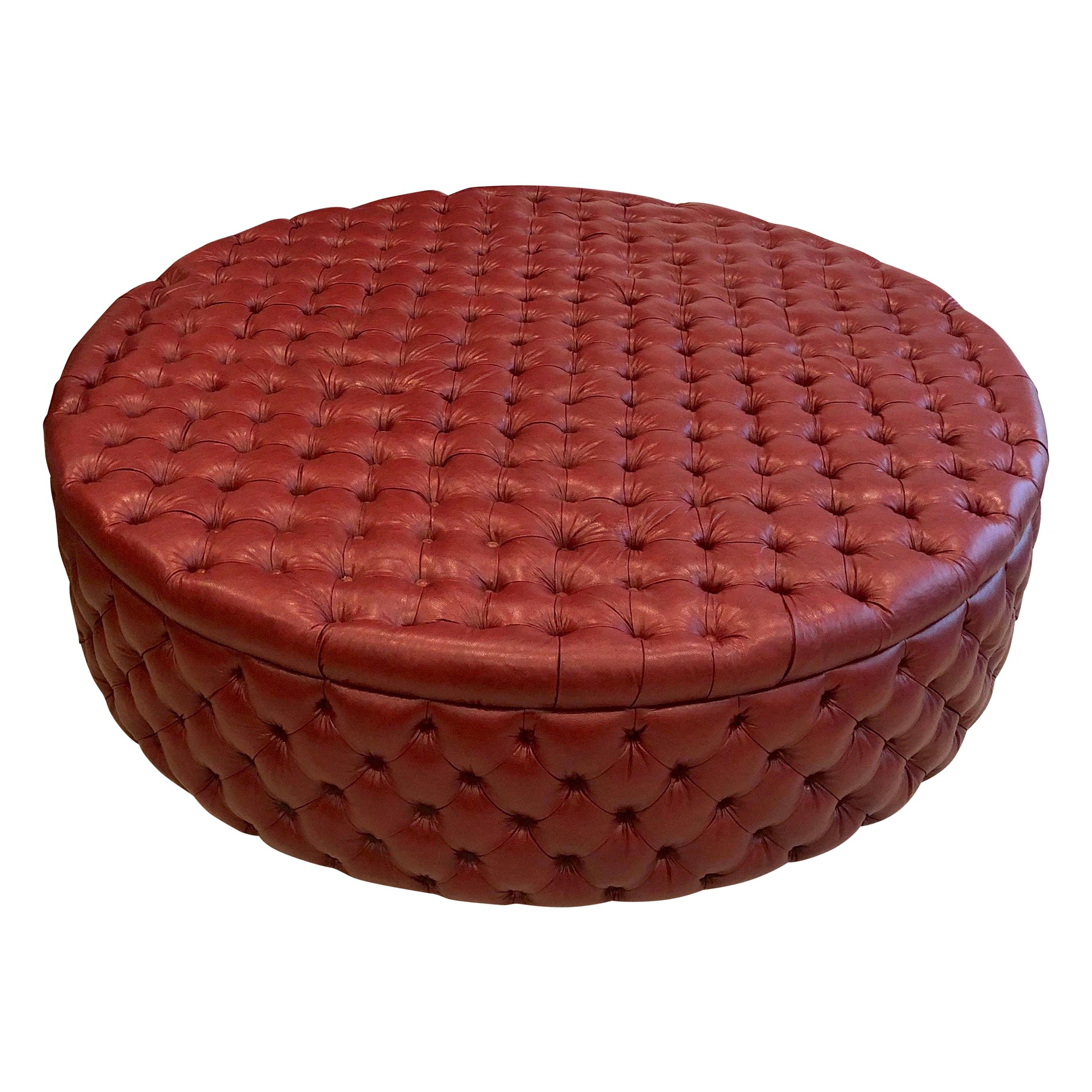 Monumental Modern English Oxblood Leather Circular Ottoman For Sale