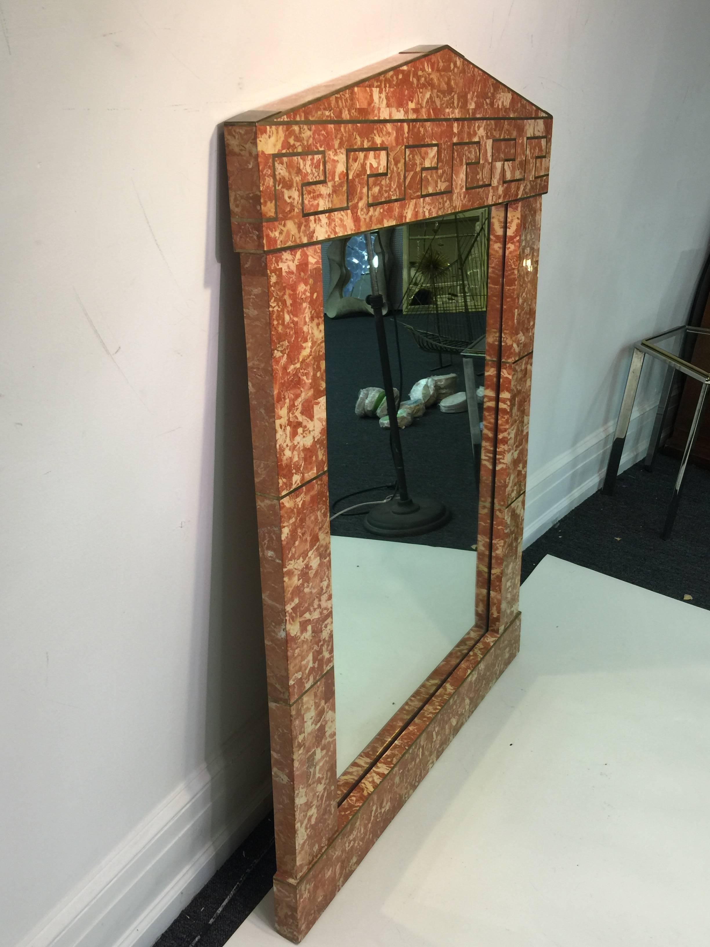 Monumental Modern Tessellated Marble Mirror with Brass Greek Key Design Inlay In Good Condition For Sale In Allentown, PA